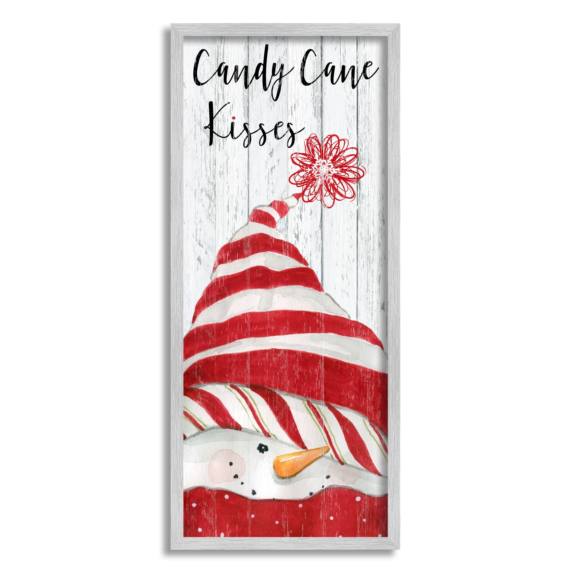 Stupell Industries Candy Cane Kisses Phrase Holiday Painting Gray Framed Art Print Wall Art, 13 x 30