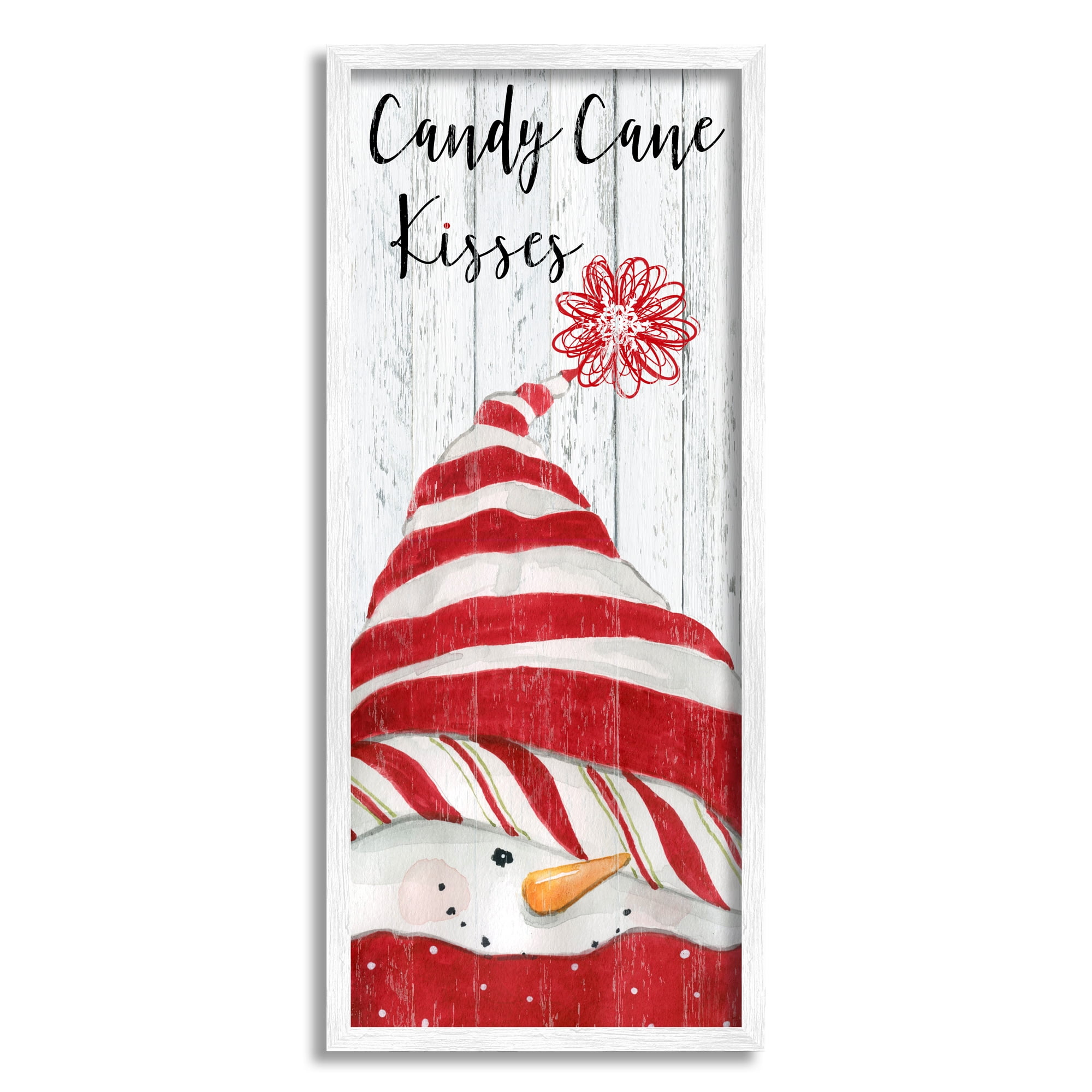 Stupell Industries Candy Cane Kisses Phrase Holiday Painting White Framed Art Print Wall Art, 10 x 24