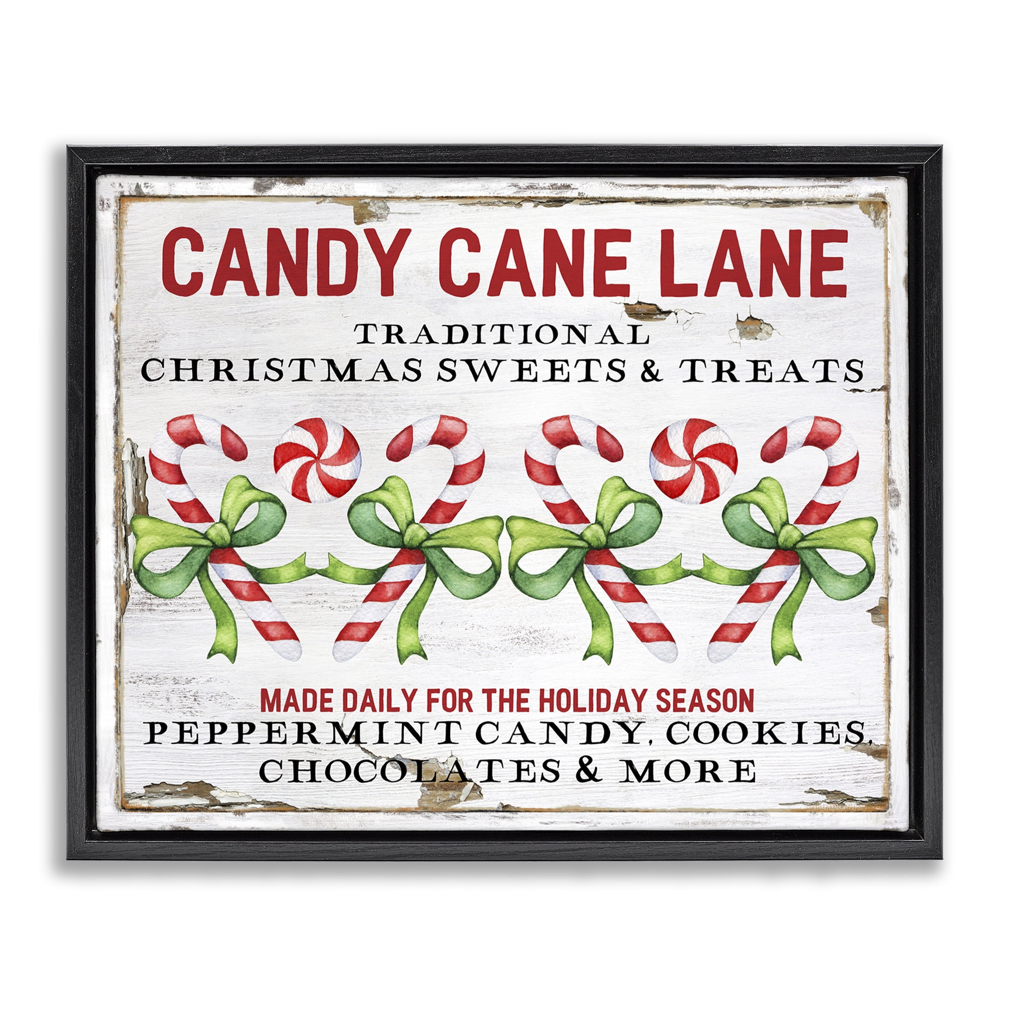 Stupell Industries Candy Cane Lane Sign Holiday Painting Black Floater Framed Canvas Art Prints Wall Art, 31 x 25