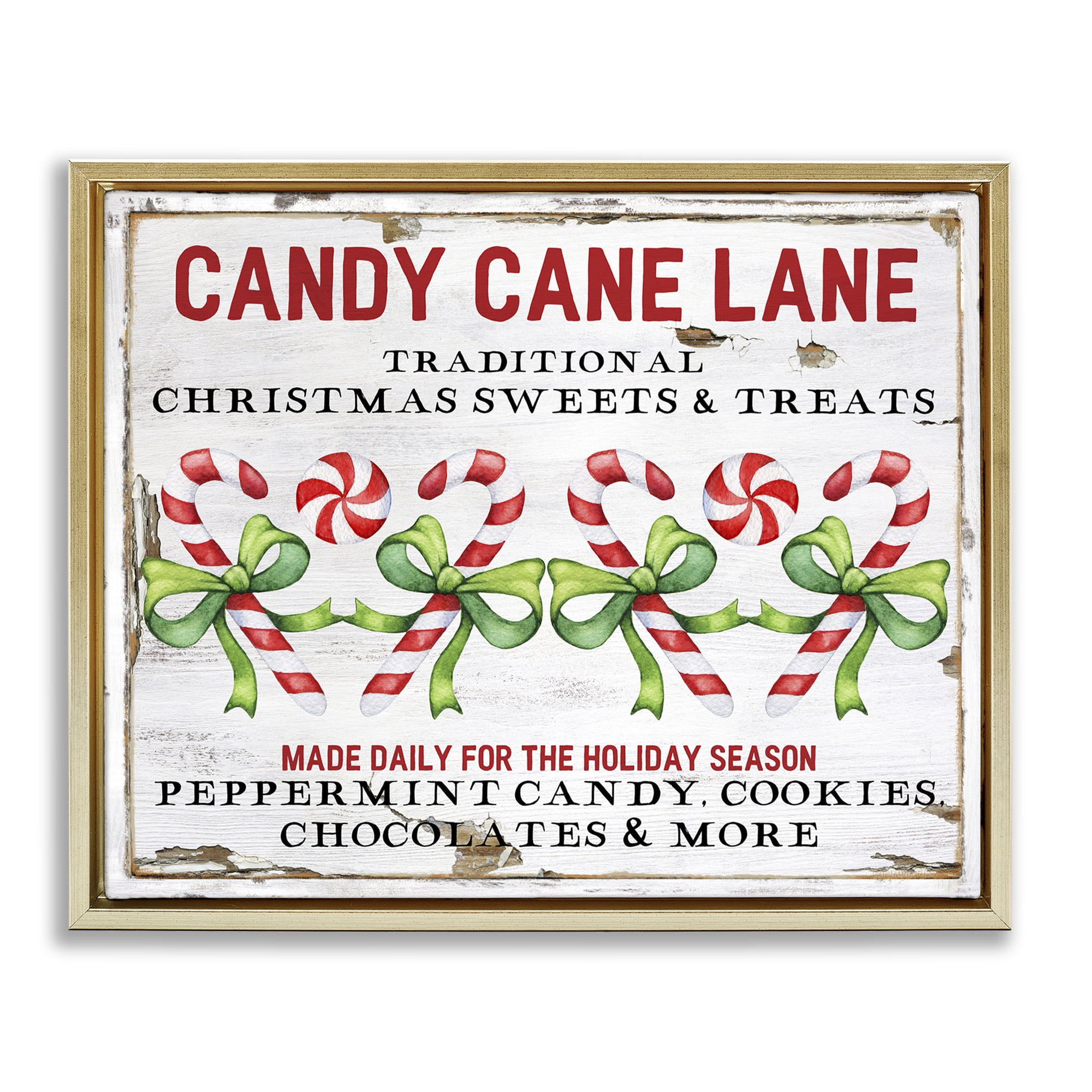 Stupell Industries Candy Cane Lane Sign Holiday Painting Gold Floater Framed Canvas Art Prints Wall Art, 21 x 17