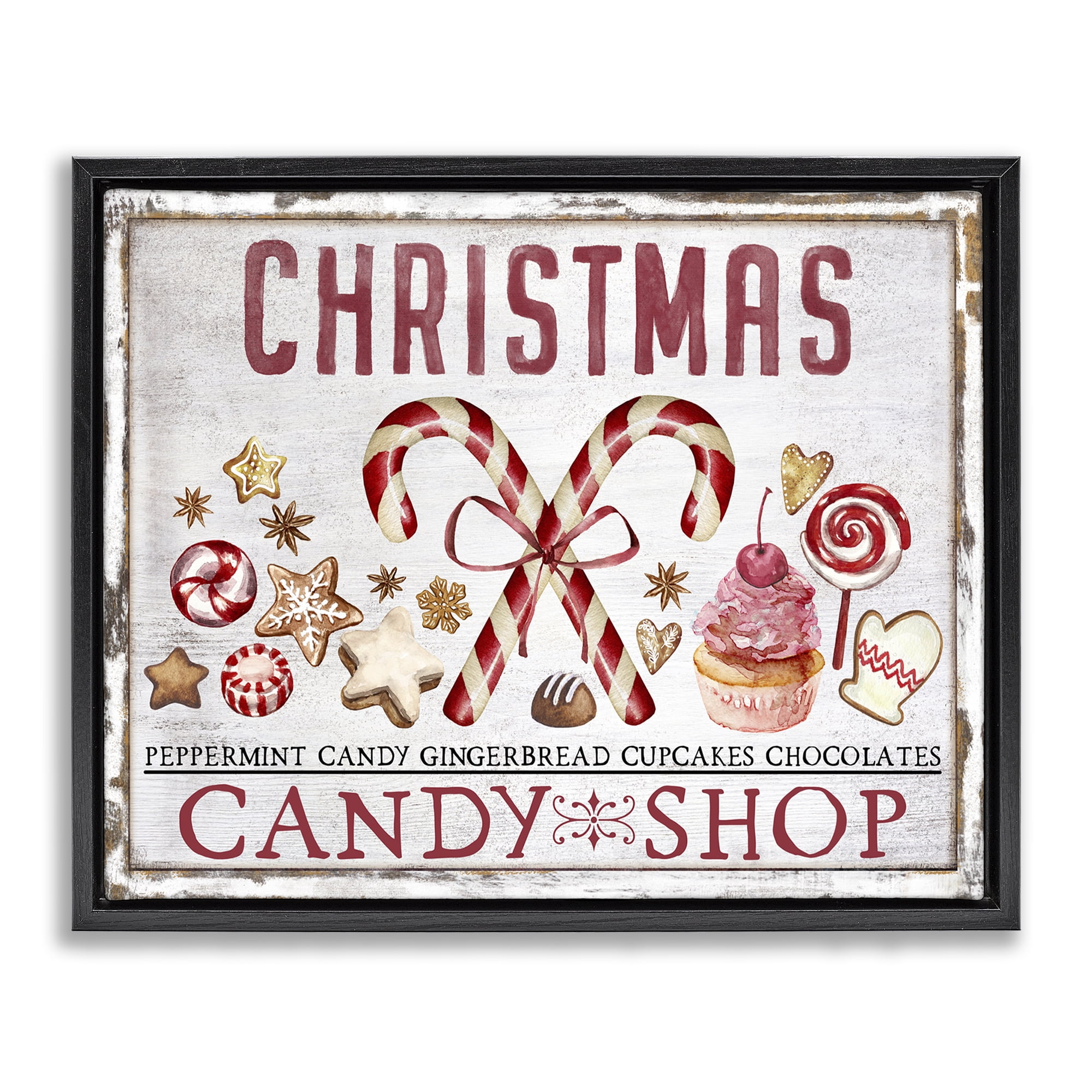Stupell Industries Candy Shop Christmas Holiday Painting Black Floater Framed Canvas Art Prints Wall Art, 31 x 25