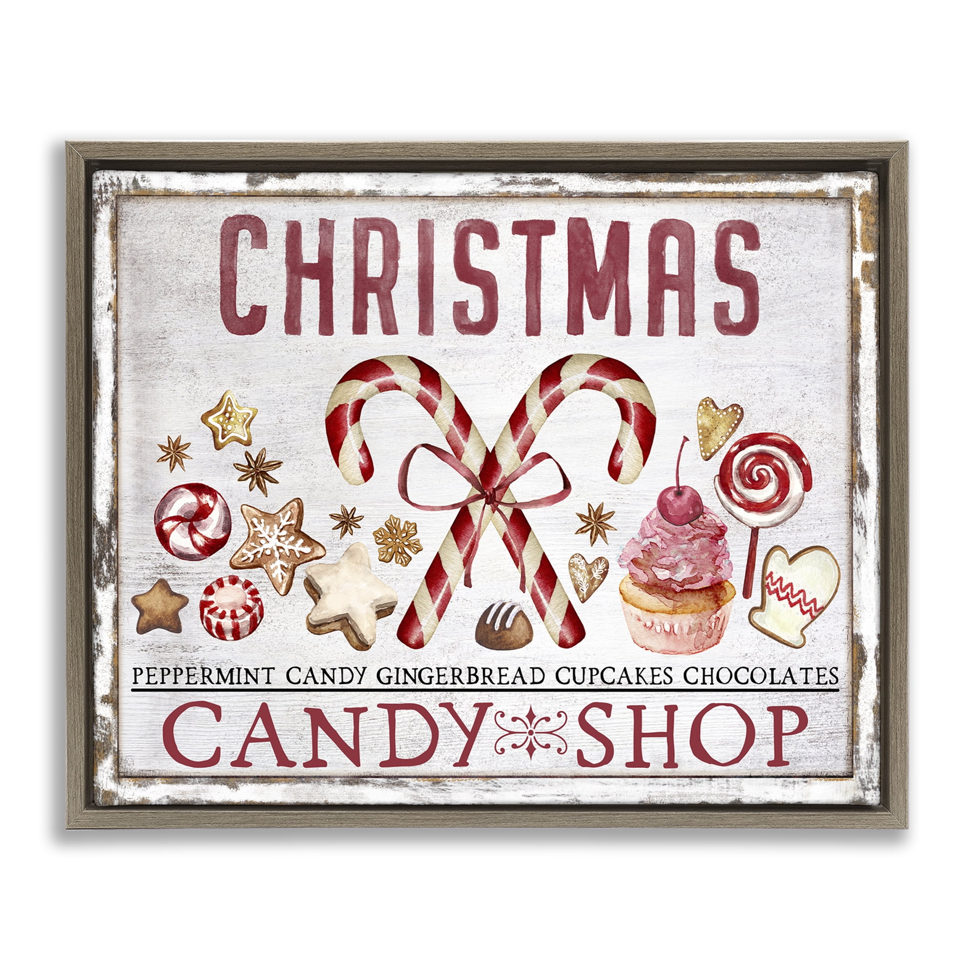 Stupell Industries Candy Shop Christmas Holiday Painting Brown Floater Framed Canvas Art Prints Wall Art, 21 x 17