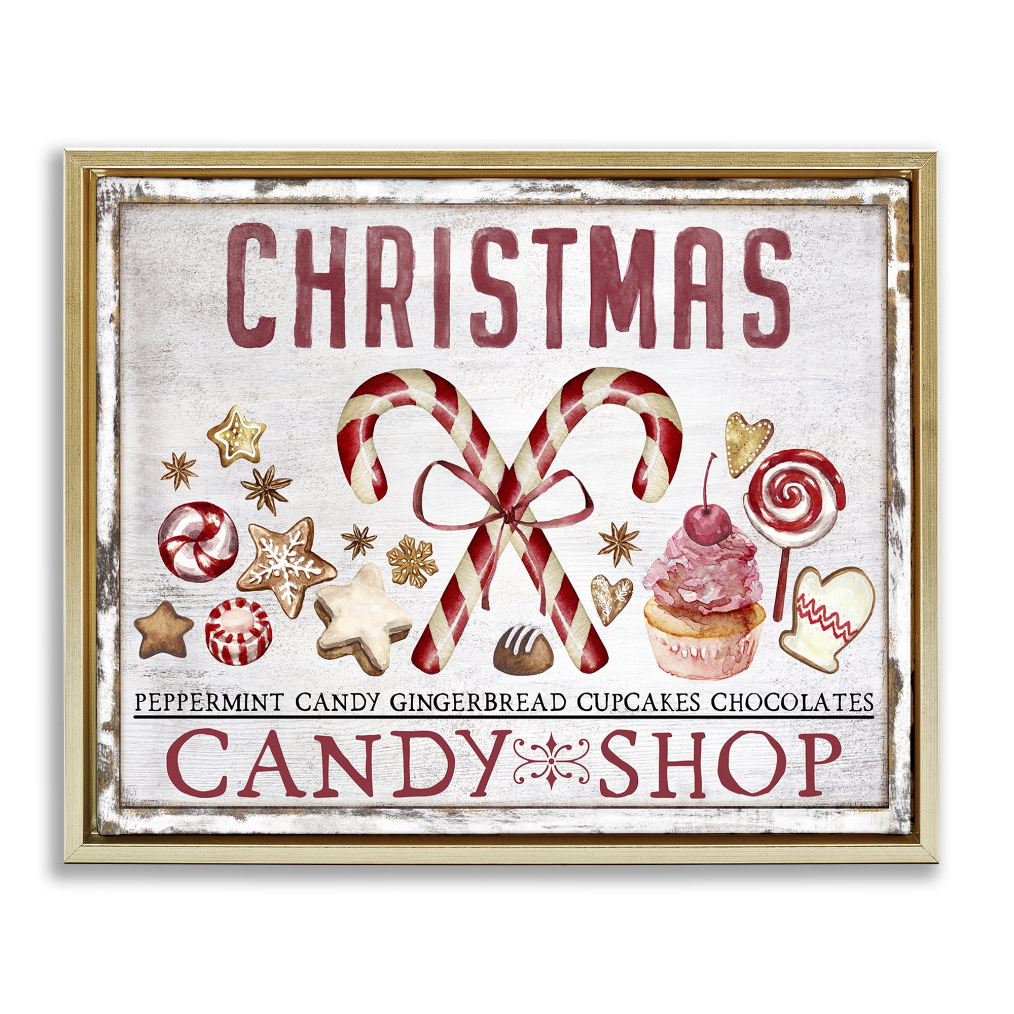 Stupell Industries Candy Shop Christmas Holiday Painting Gold Floater Framed Canvas Art Prints Wall Art, 21 x 17