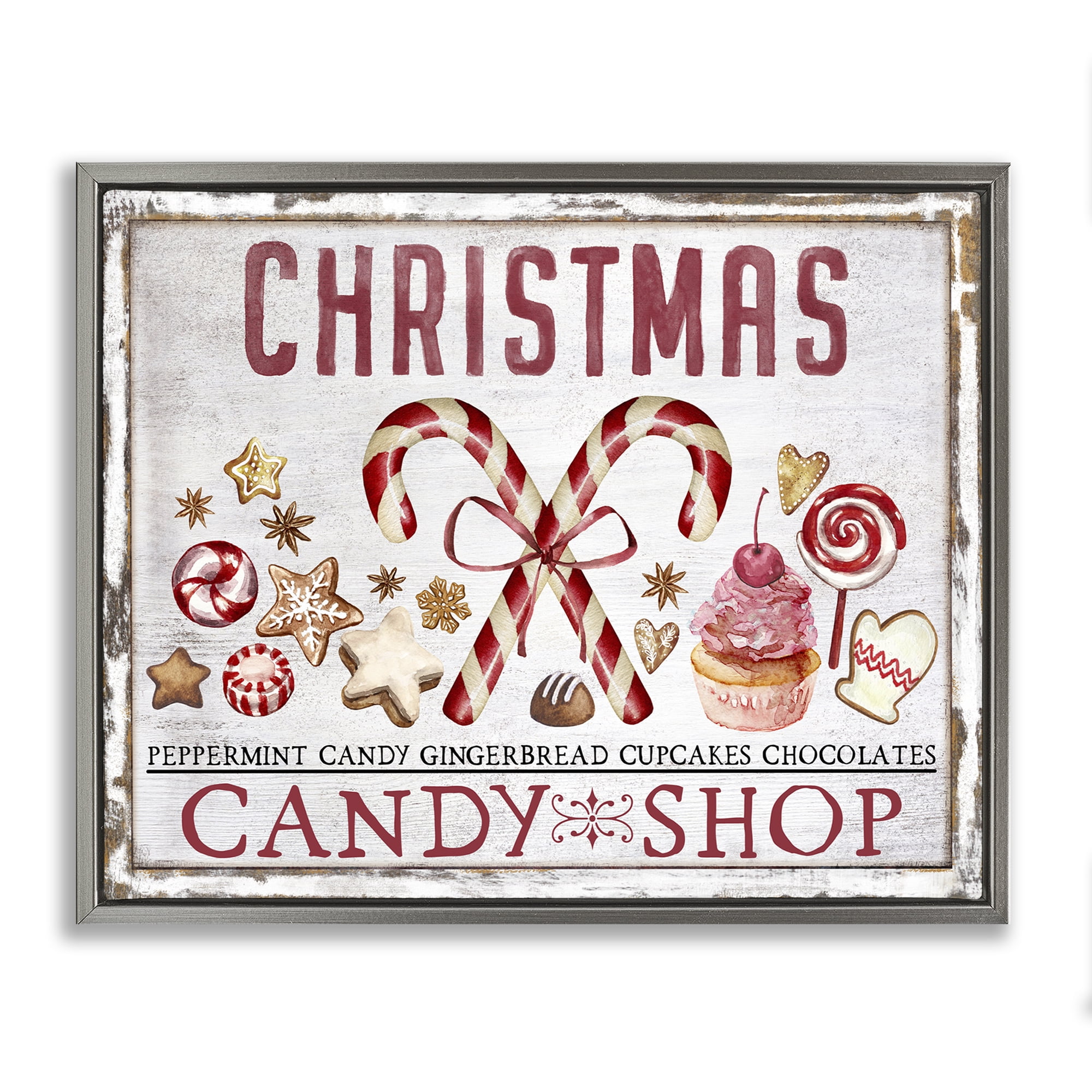 Stupell Industries Candy Shop Christmas Holiday Painting Gray Floater Framed Canvas Art Prints Wall Art, 31 x 25