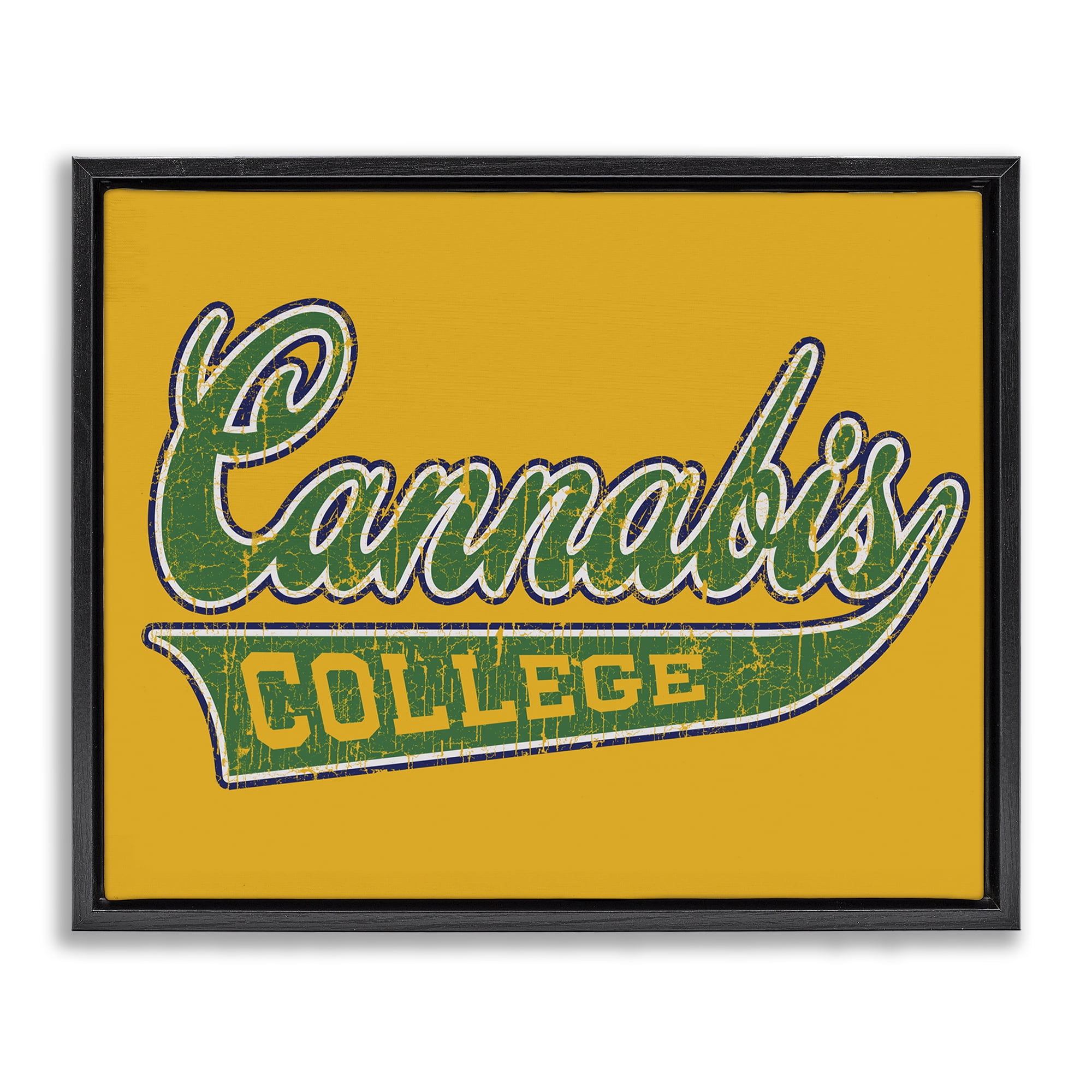 Stupell Industries Cannabis College Varsity Novelty & Humor Painting Black Floater Framed Canvas Art Print Wall Art, 21 x 17