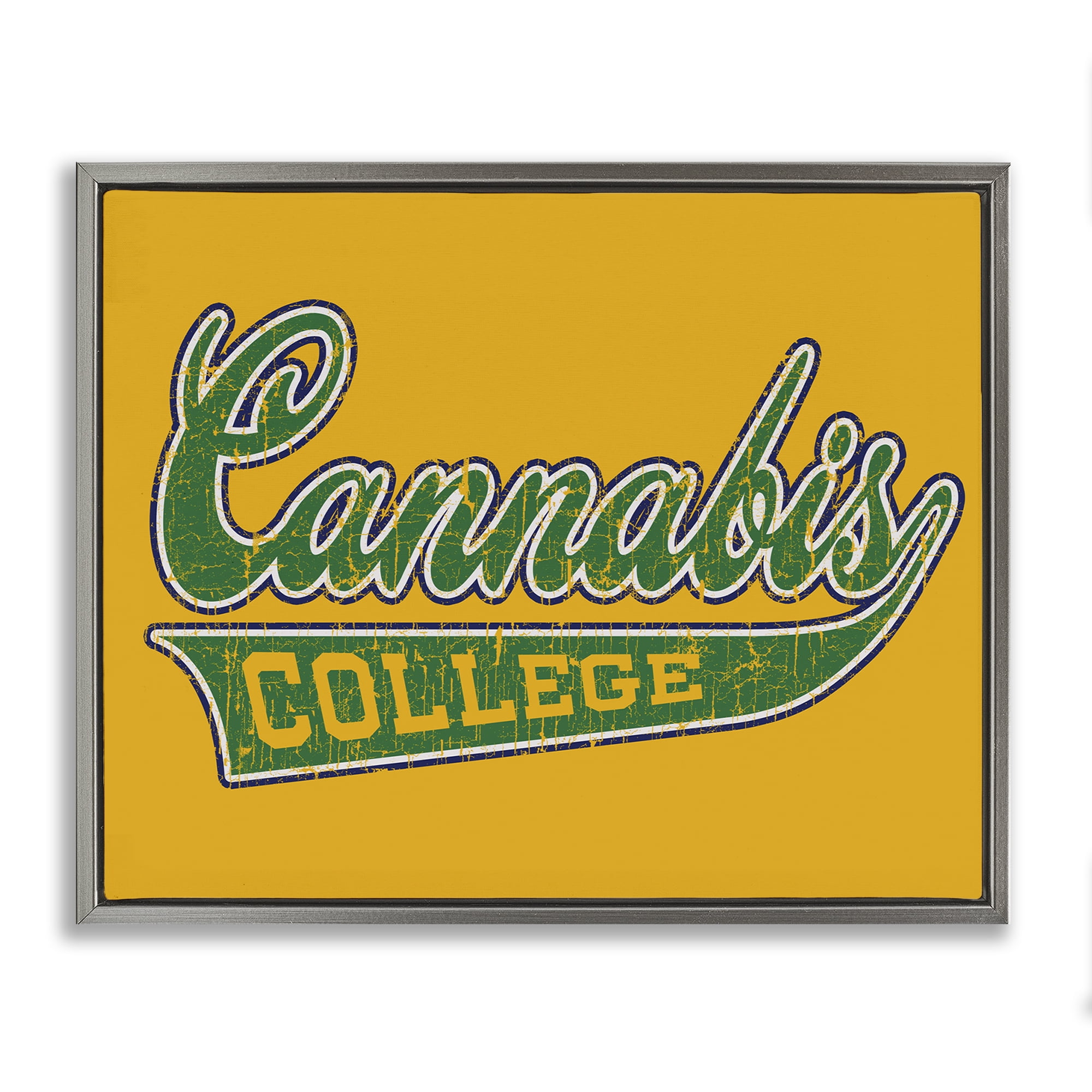 Stupell Industries Cannabis College Varsity Novelty & Humor Painting Gray Floater Framed Canvas Art Print Wall Art, 31 x 25