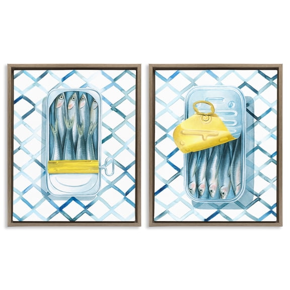 Stupell Industries Canned Sardines Food Art Food & Beverage Painting Brown Floater Framed Canvas Art Print Wall Art, 17 x 21, Set of 2
