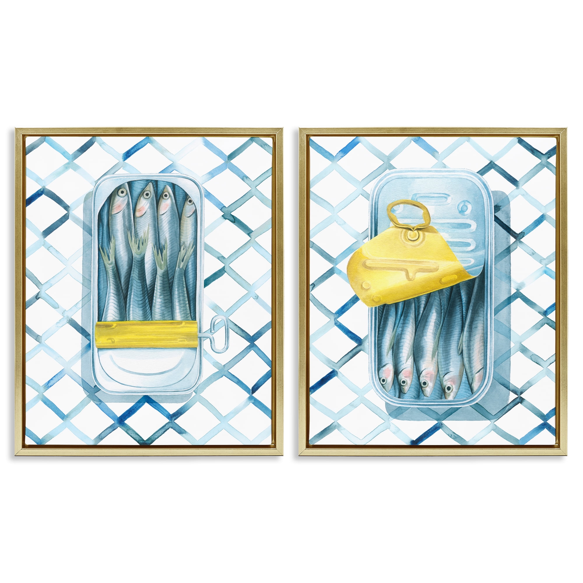 Stupell Industries Canned Sardines Food Art Food & Beverage Painting Gold Floater Framed Canvas Art Print Wall Art, 31 x 25, Set of 2