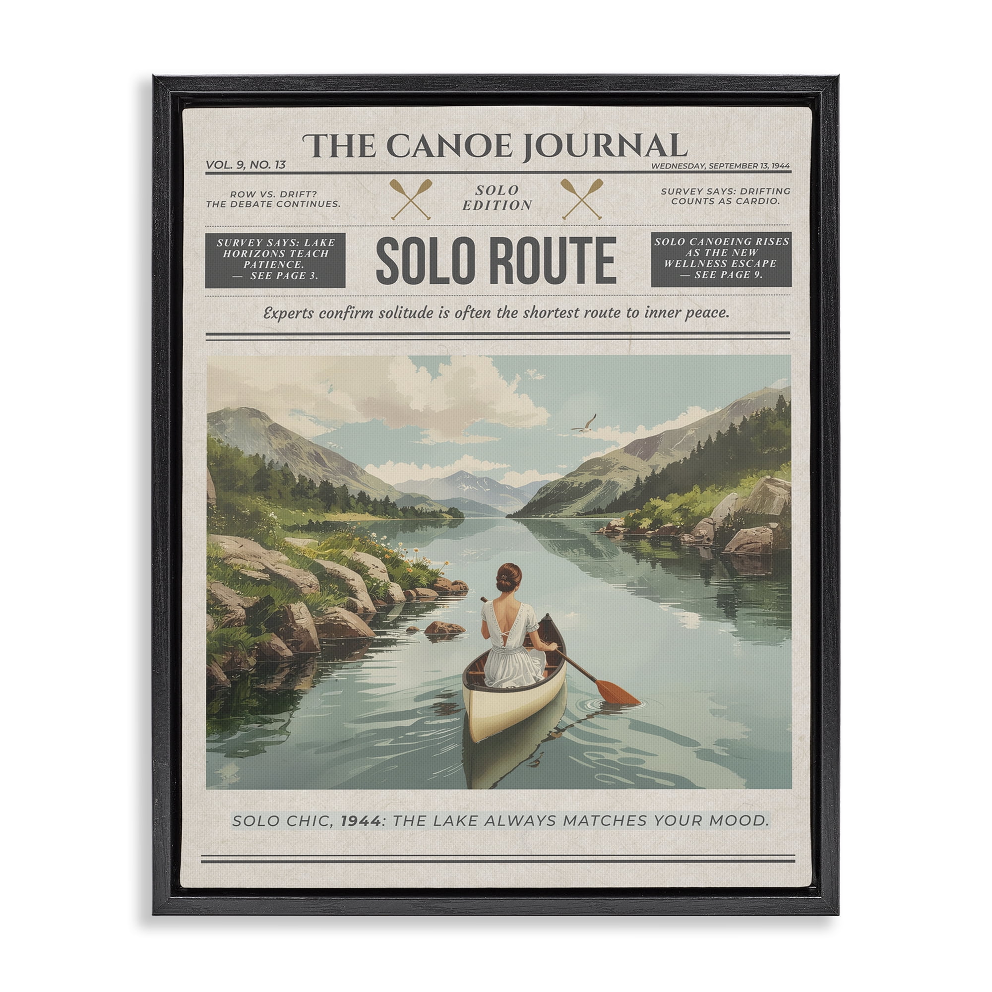 Stupell Industries Canoe Journal Newspaper Black Framed Floater Canvas Wall Art, design by A Barefoot Stylist