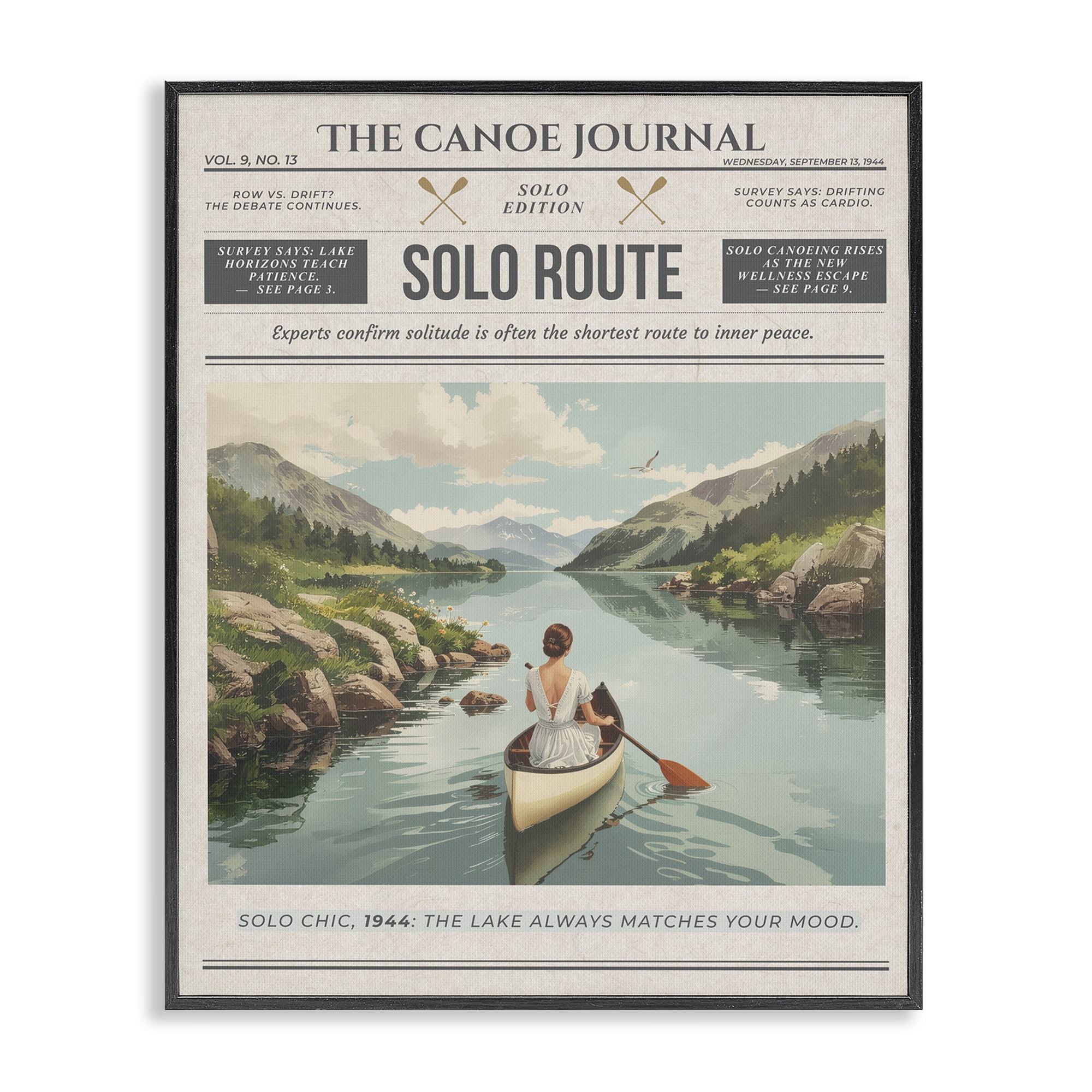 Stupell Industries Canoe Journal Newspaper Black Framed Giclee Art, design by A Barefoot Stylist