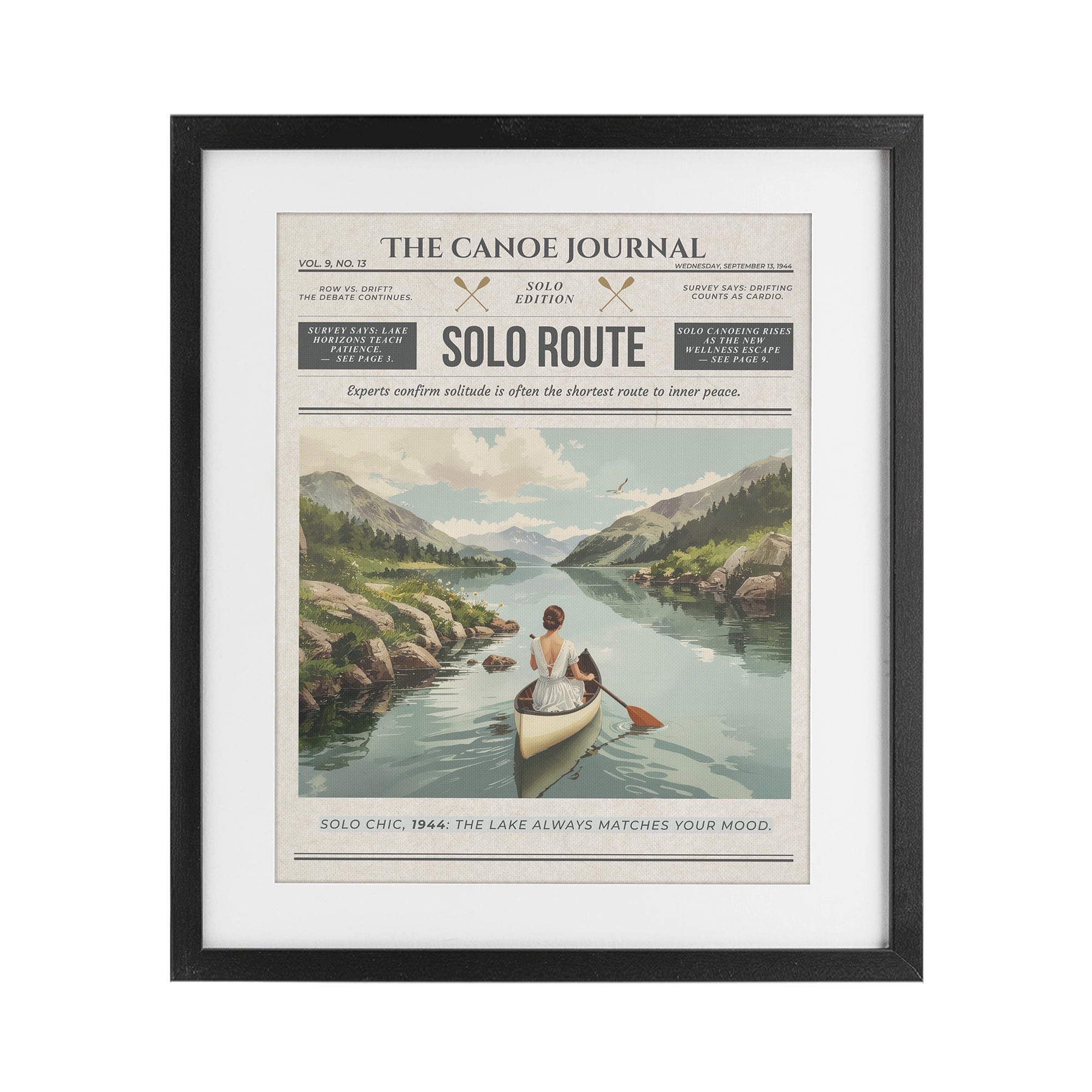 Stupell Industries Canoe Journal Newspaper Black Framed Print Under Glass, design by A Barefoot Stylist