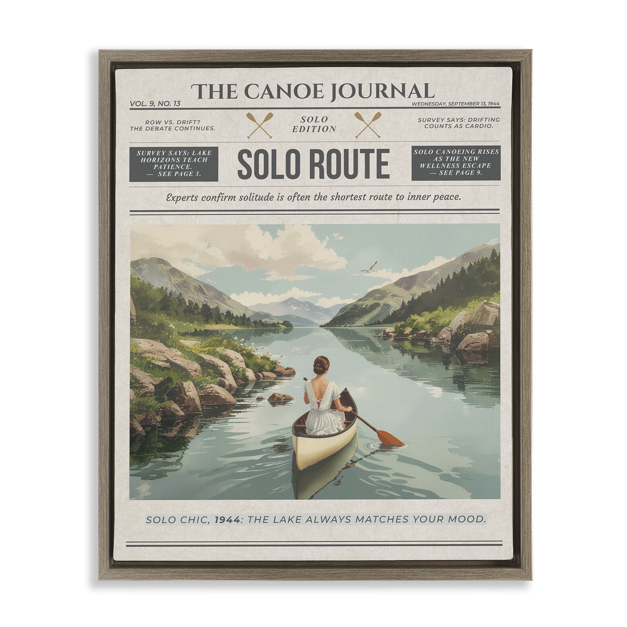 Stupell Industries Canoe Journal Newspaper Brown Framed Floater Canvas Wall Art, design by A Barefoot Stylist