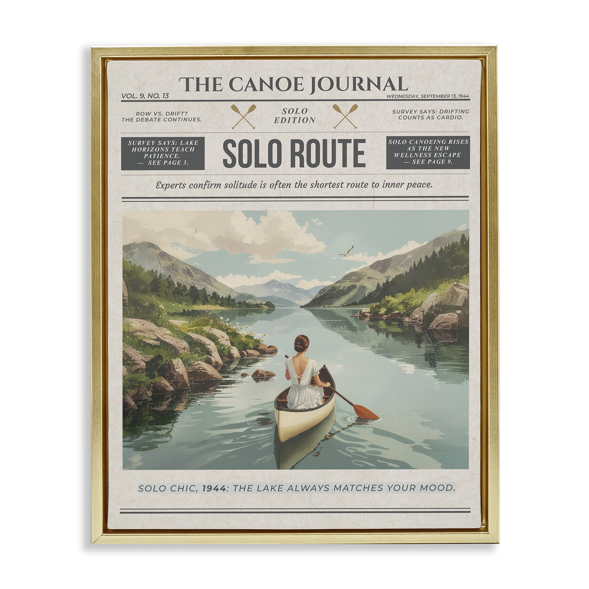 Stupell Industries Canoe Journal Newspaper Gold Framed Floater Canvas Wall Art, design by A Barefoot Stylist