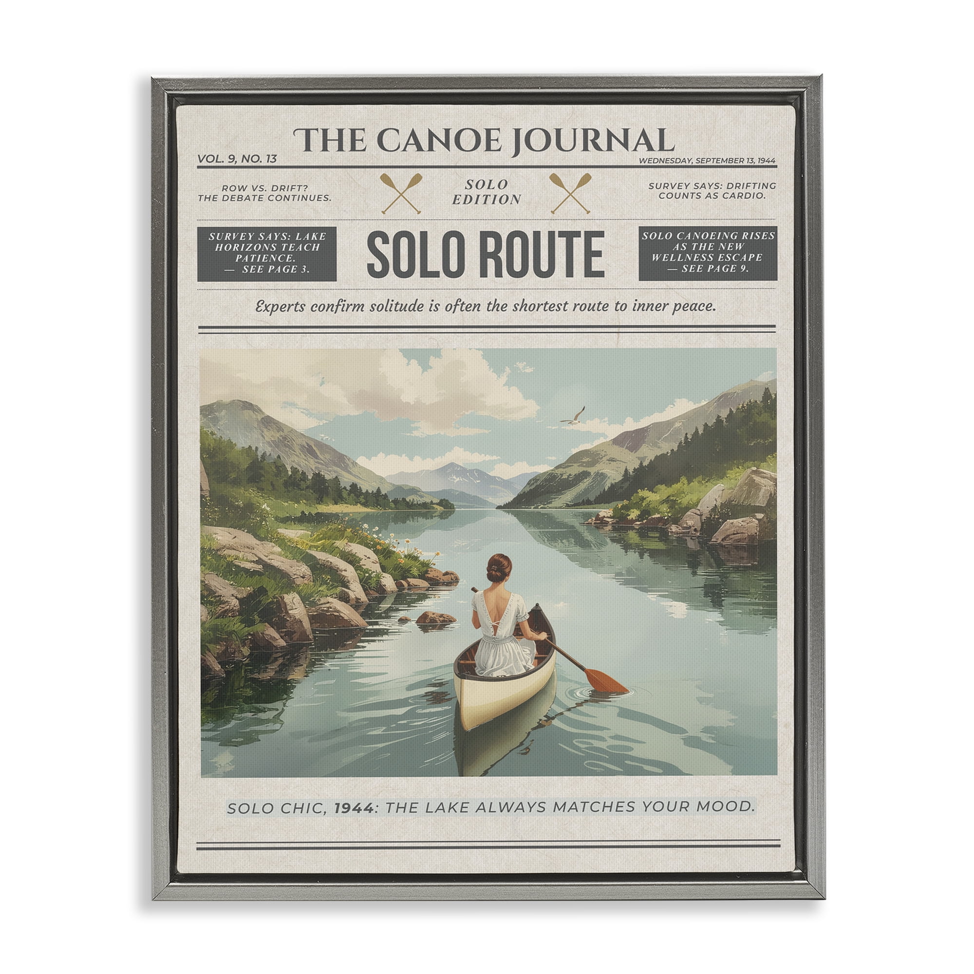 Stupell Industries Canoe Journal Newspaper Gray Framed Floater Canvas Wall Art, design by A Barefoot Stylist