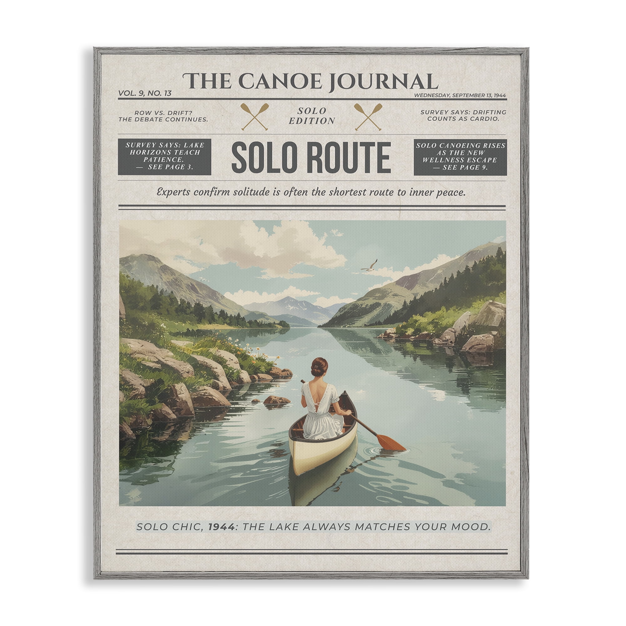 Stupell Industries Canoe Journal Newspaper Gray Framed Giclee Art, design by A Barefoot Stylist