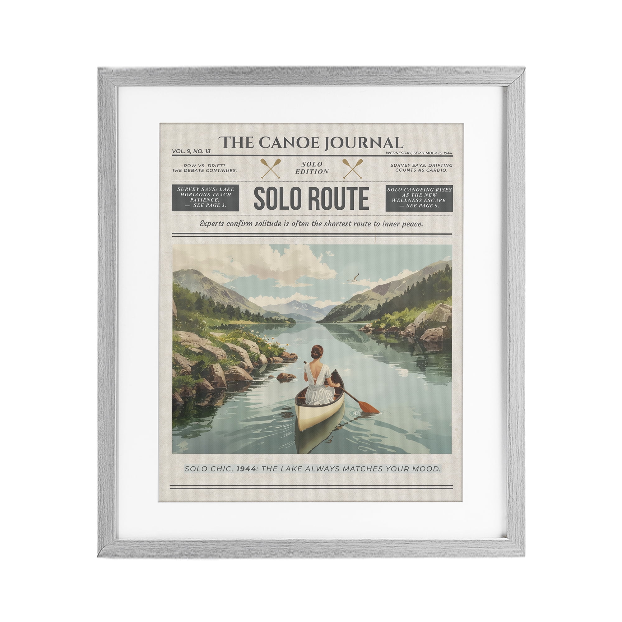 Stupell Industries Canoe Journal Newspaper Gray Framed Print Under Glass, design by A Barefoot Stylist