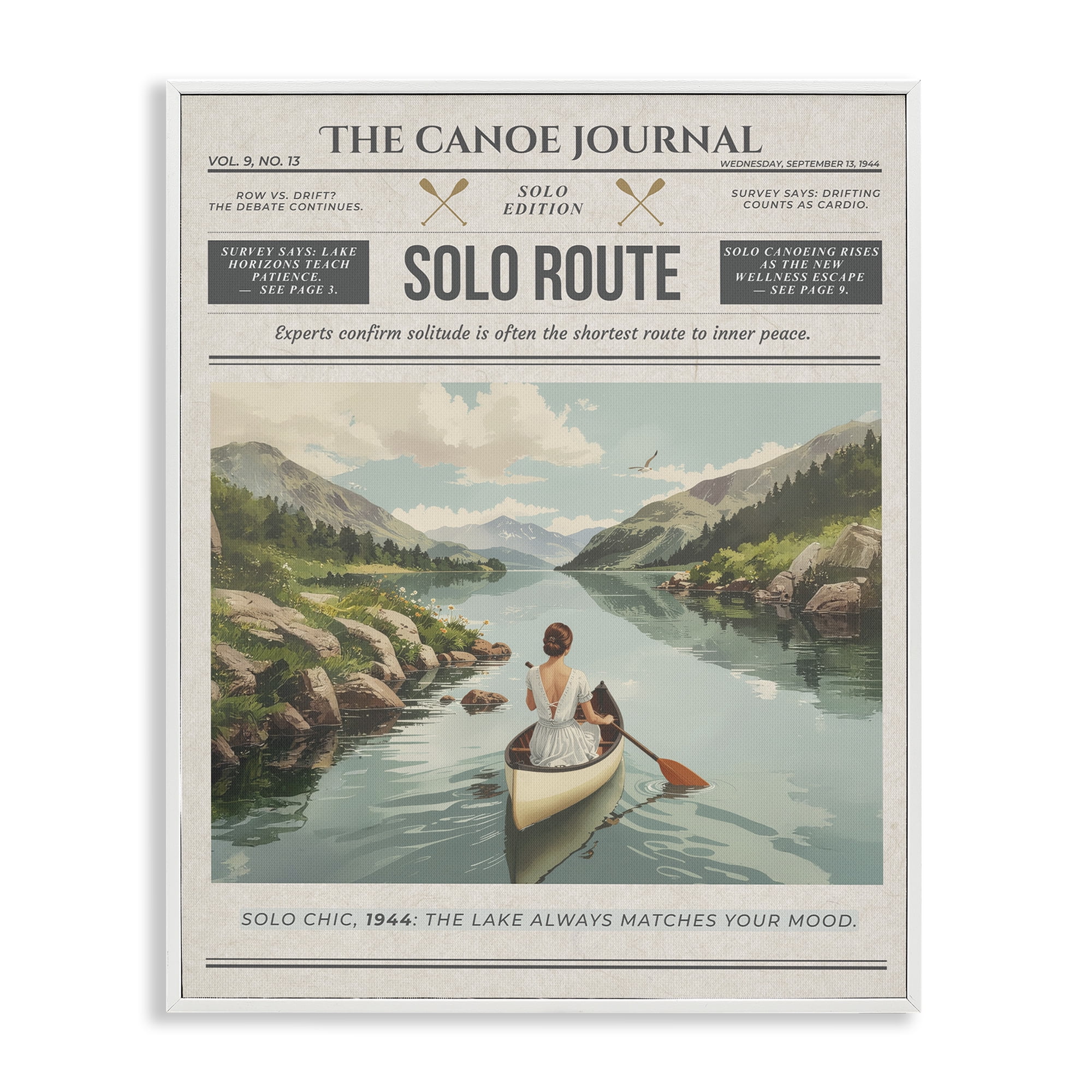 Stupell Industries Canoe Journal Newspaper White Framed Giclee Art, design by A Barefoot Stylist