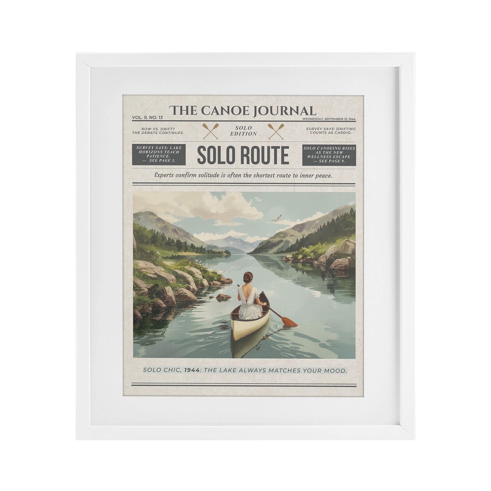 Stupell Industries Canoe Journal Newspaper White Framed Print Under Glass, design by A Barefoot Stylist