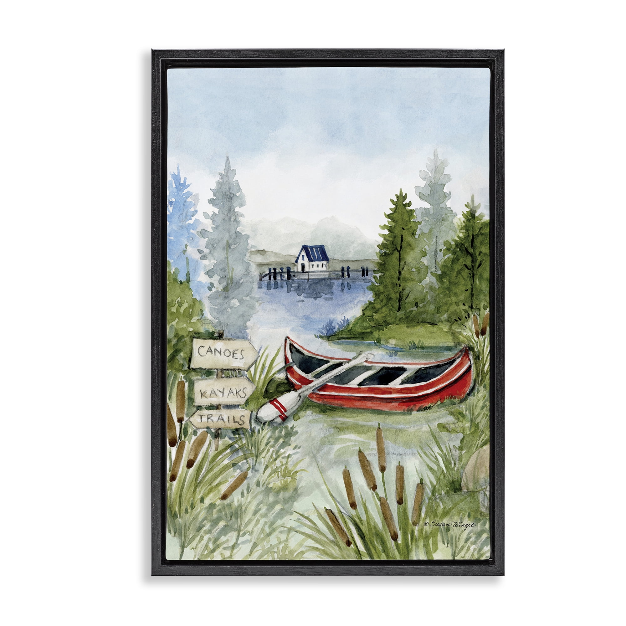 Stupell Industries Canoe On Lake Black Framed Floater Canvas Wall Art, design by Susan Winget