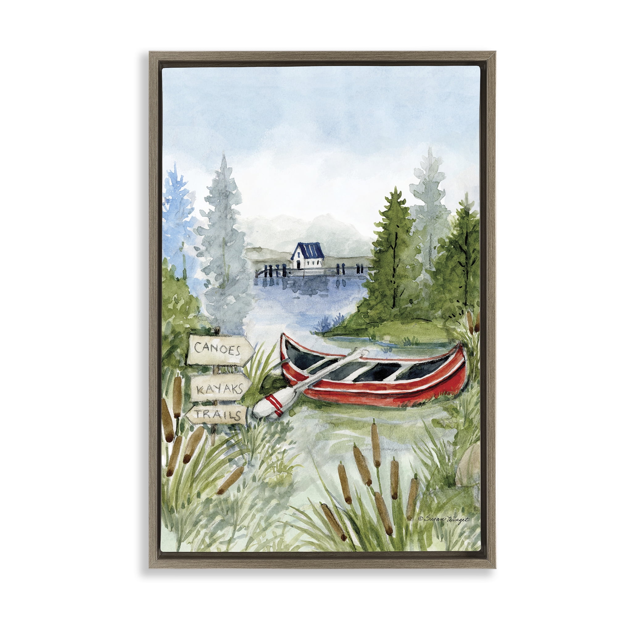 Stupell Industries Canoe On Lake Brown Framed Floater Canvas Wall Art, design by Susan Winget