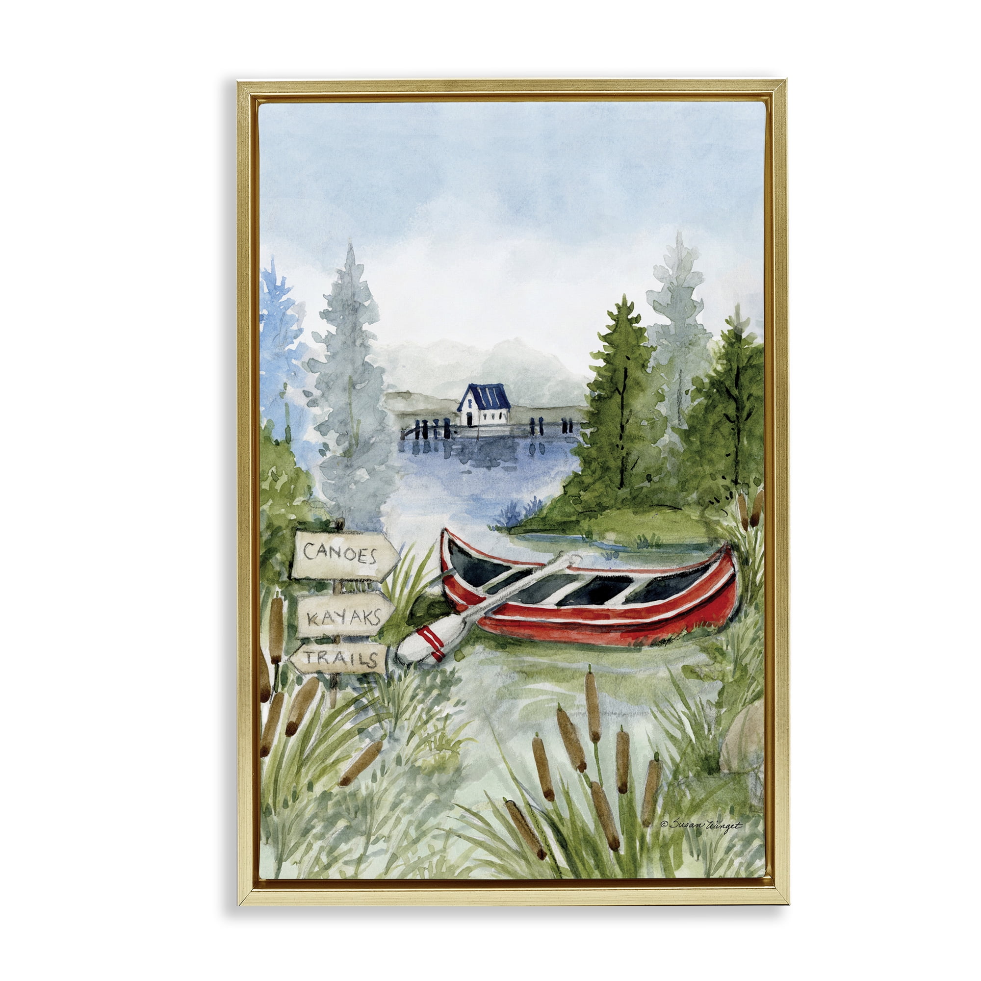 Stupell Industries Canoe On Lake Gold Framed Floater Canvas Wall Art, design by Susan Winget