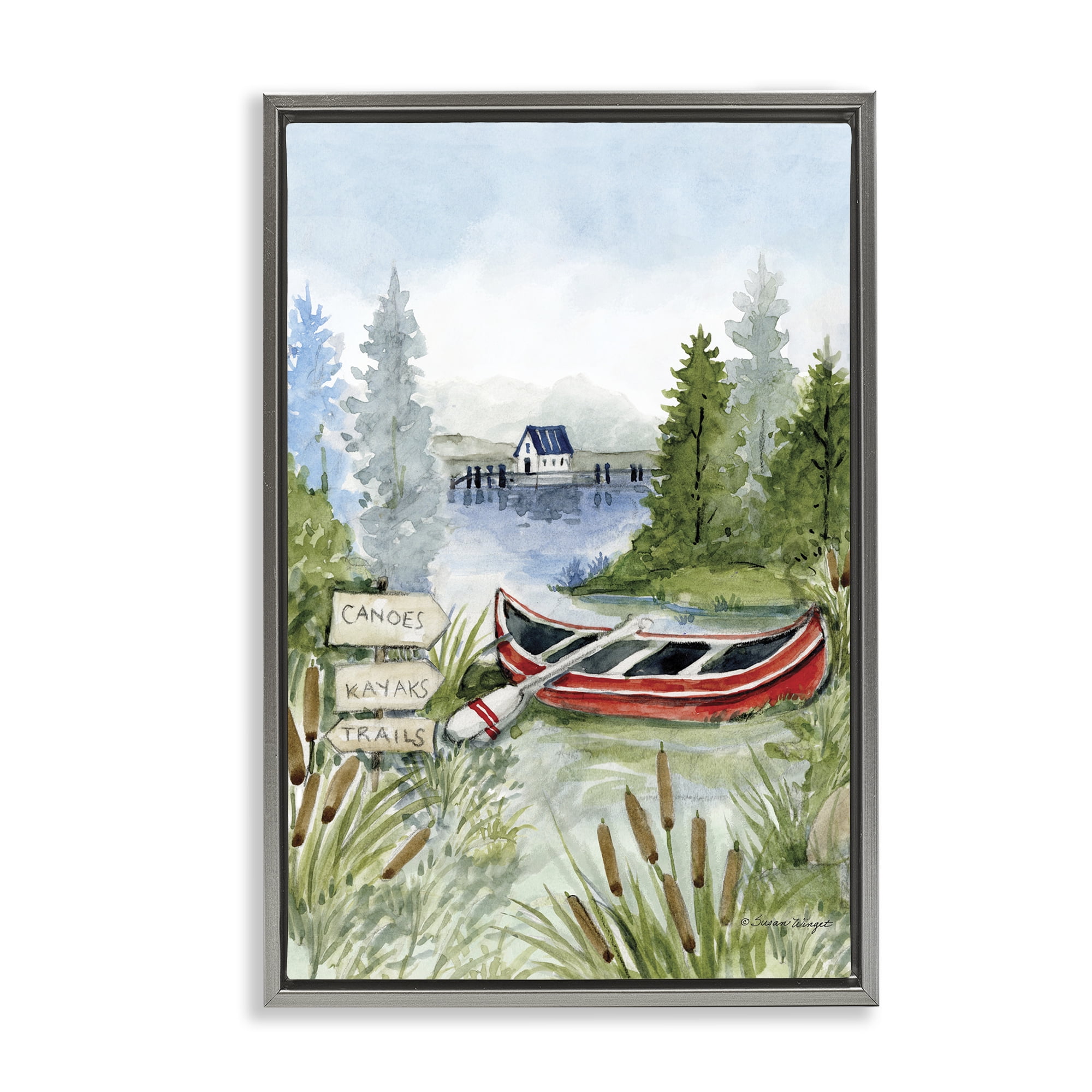 Stupell Industries Canoe On Lake Gray Framed Floater Canvas Wall Art, design by Susan Winget