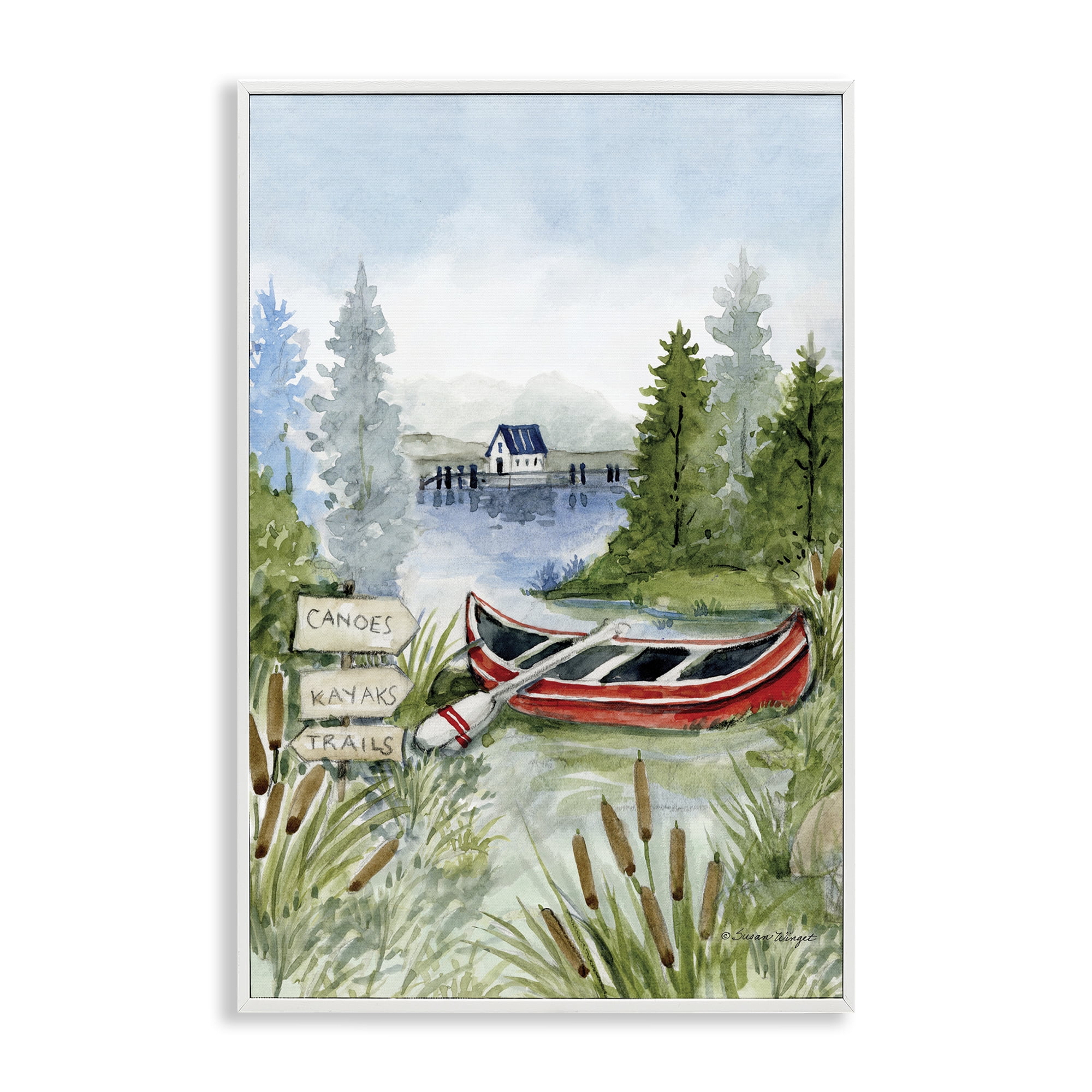 Stupell Industries Canoe On Lake White Framed Giclee Art, design by Susan Winget