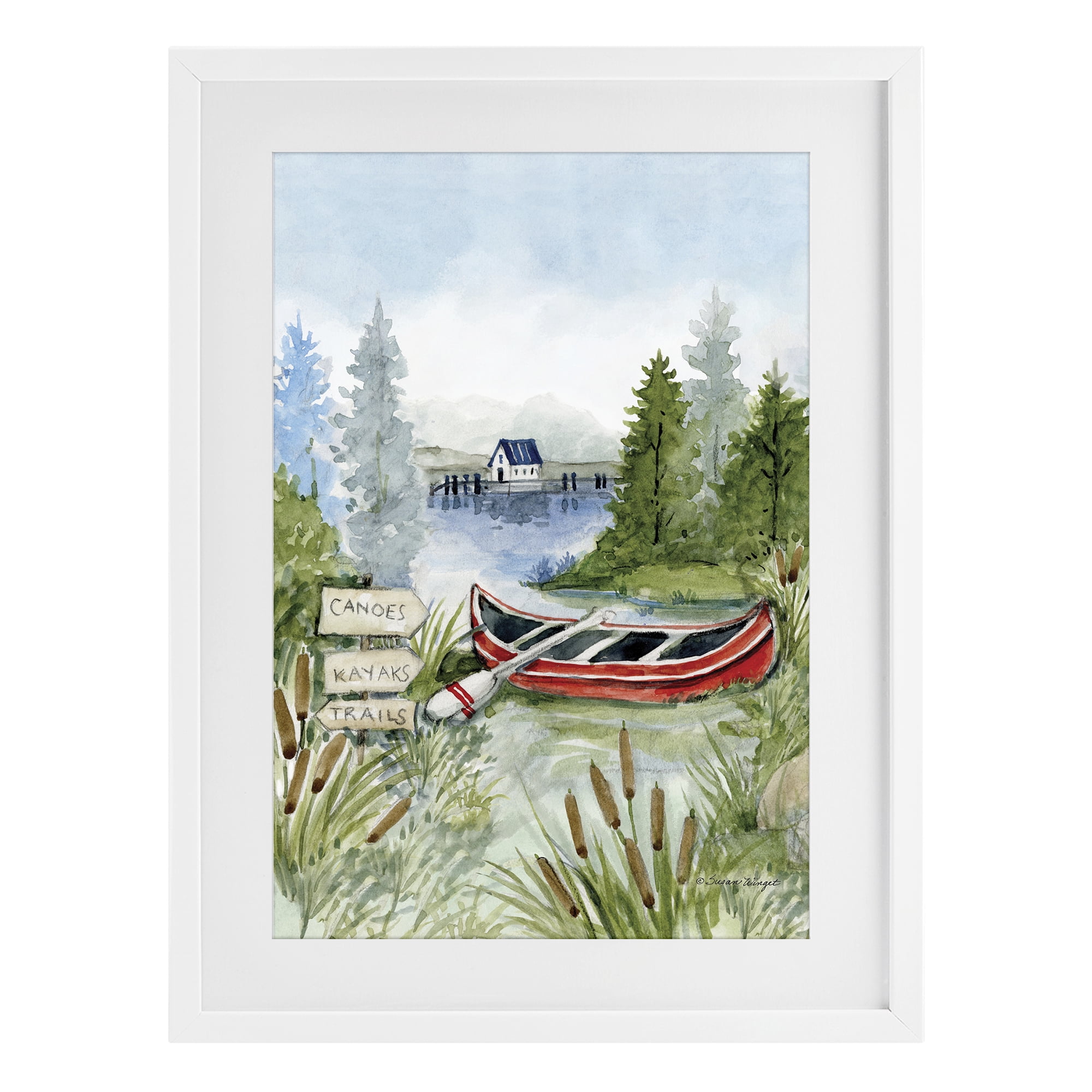 Stupell Industries Canoe On Lake White Framed Print Under Glass, design by Susan Winget