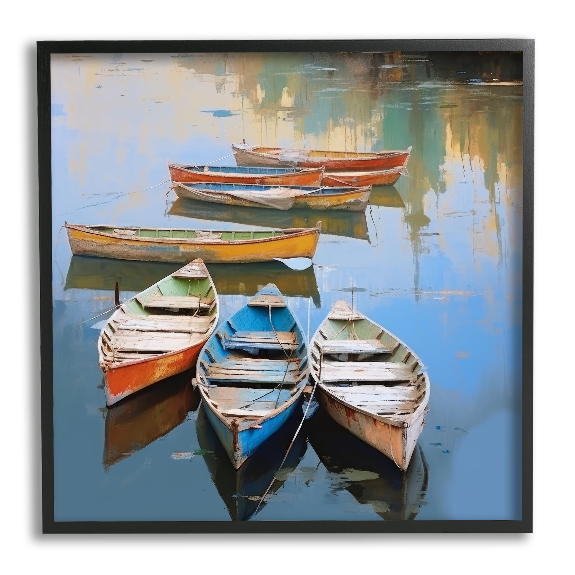Stupell Industries Canoe Reflections in Lake Transportation Painting Black Framed Art Print Wall Art, 24 x 24