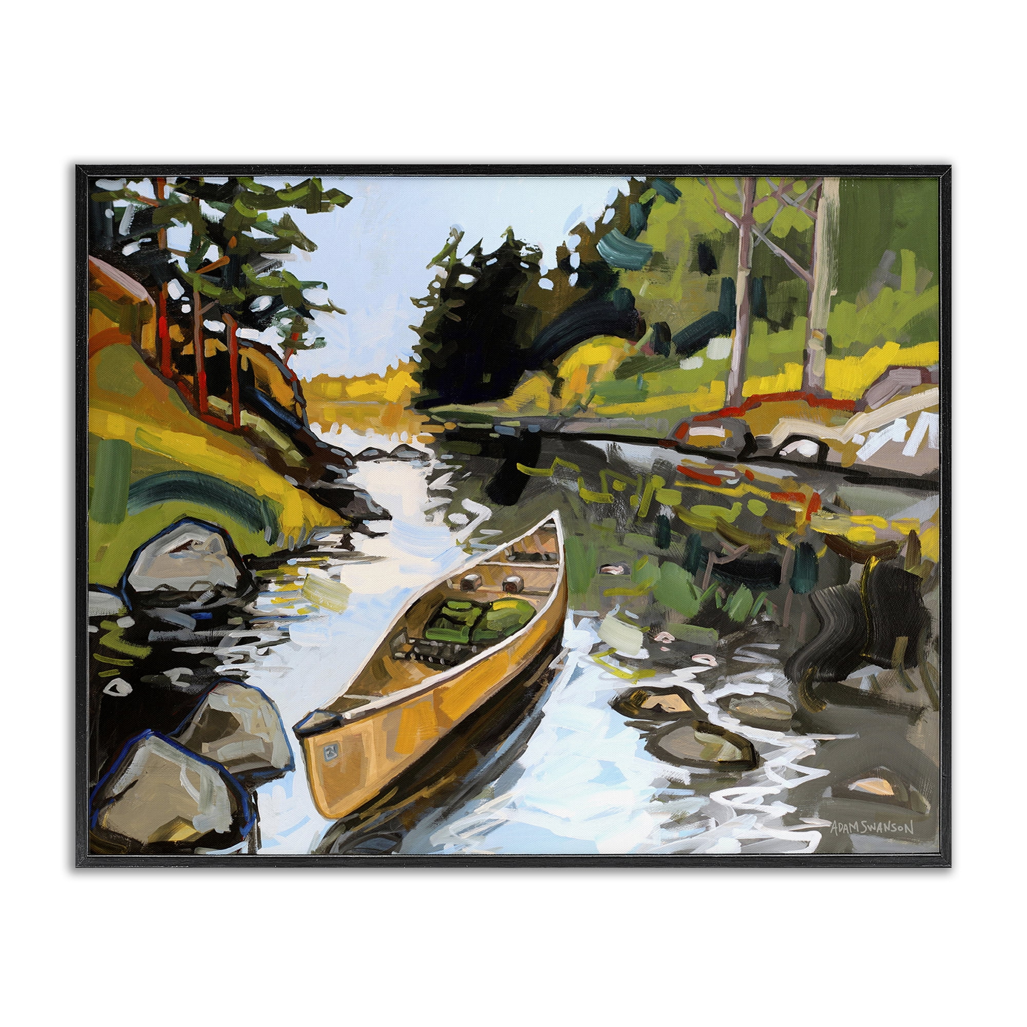 Stupell Industries Canoe Through River Transportation Painting Black Framed Art Print Wall Art, 30 x 24
