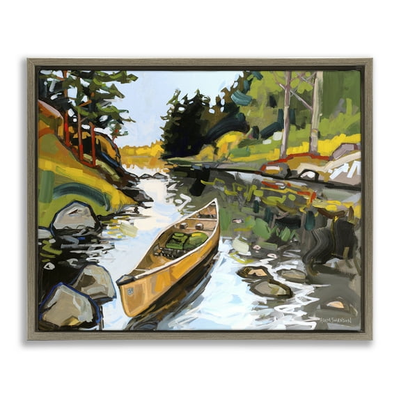 Stupell Industries Canoe Through River Transportation Painting Brown Floater Framed Canvas Art Print Wall Art, 21 x 17