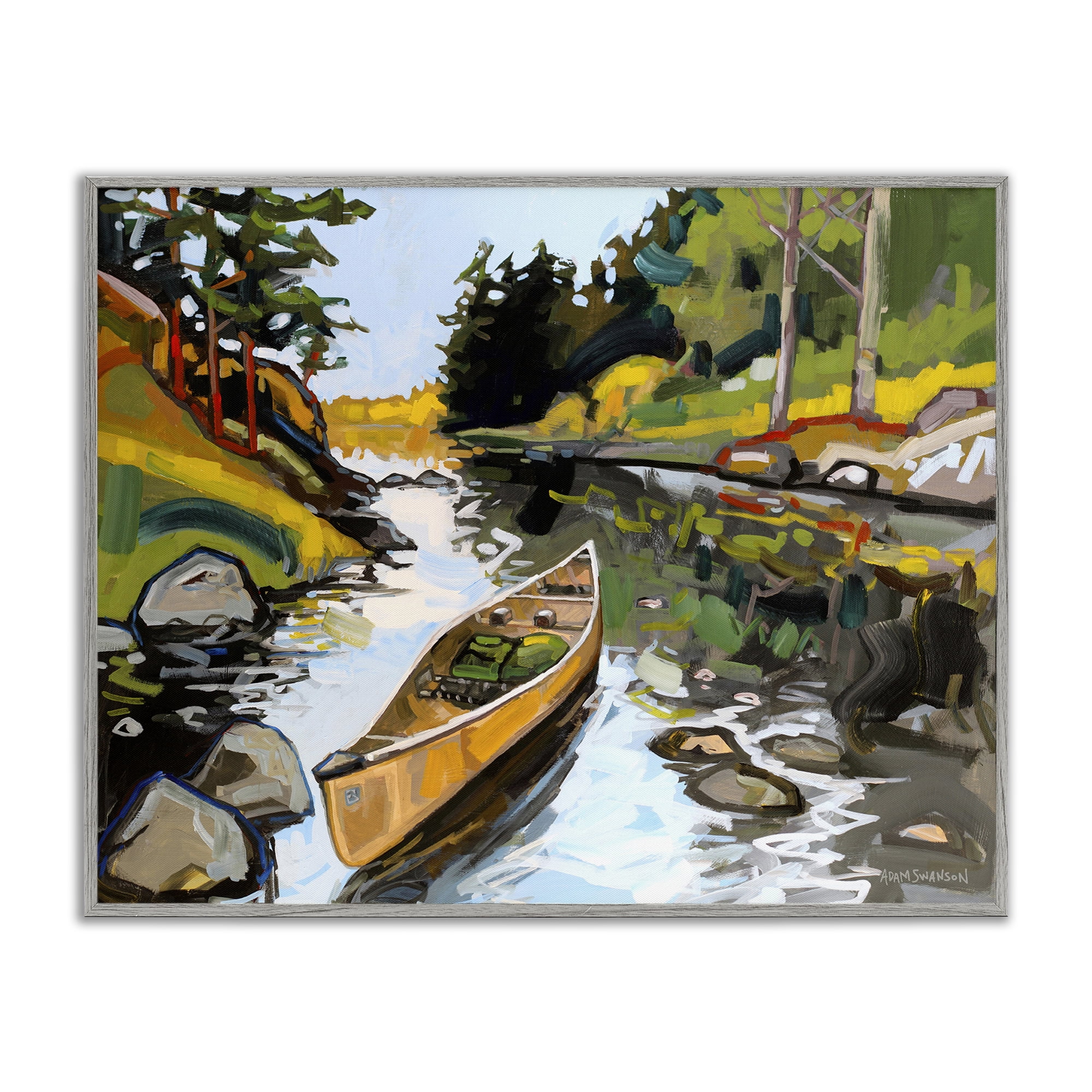 Stupell Industries Canoe Through River Transportation Painting Gray Framed Art Print Wall Art, 30 x 24