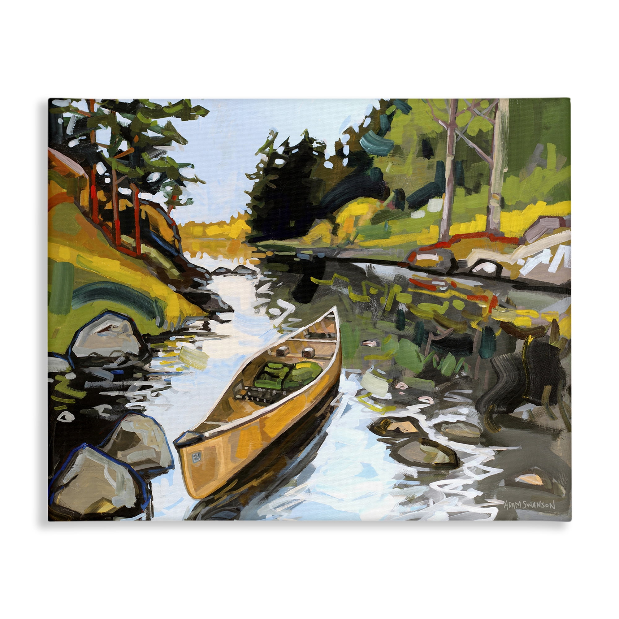Stupell Industries Canoe Through River Transportation Painting Wrapped Canvas Art Print Wall Art, 30 x 24