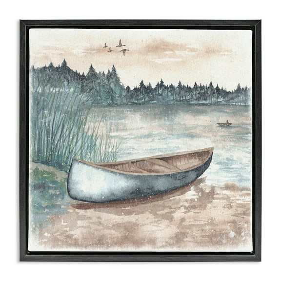 Stupell Industries Canoe on Lake Shore Landscape Painting Black Floater Framed Canvas Art Print Wall Art, 18 x 18
