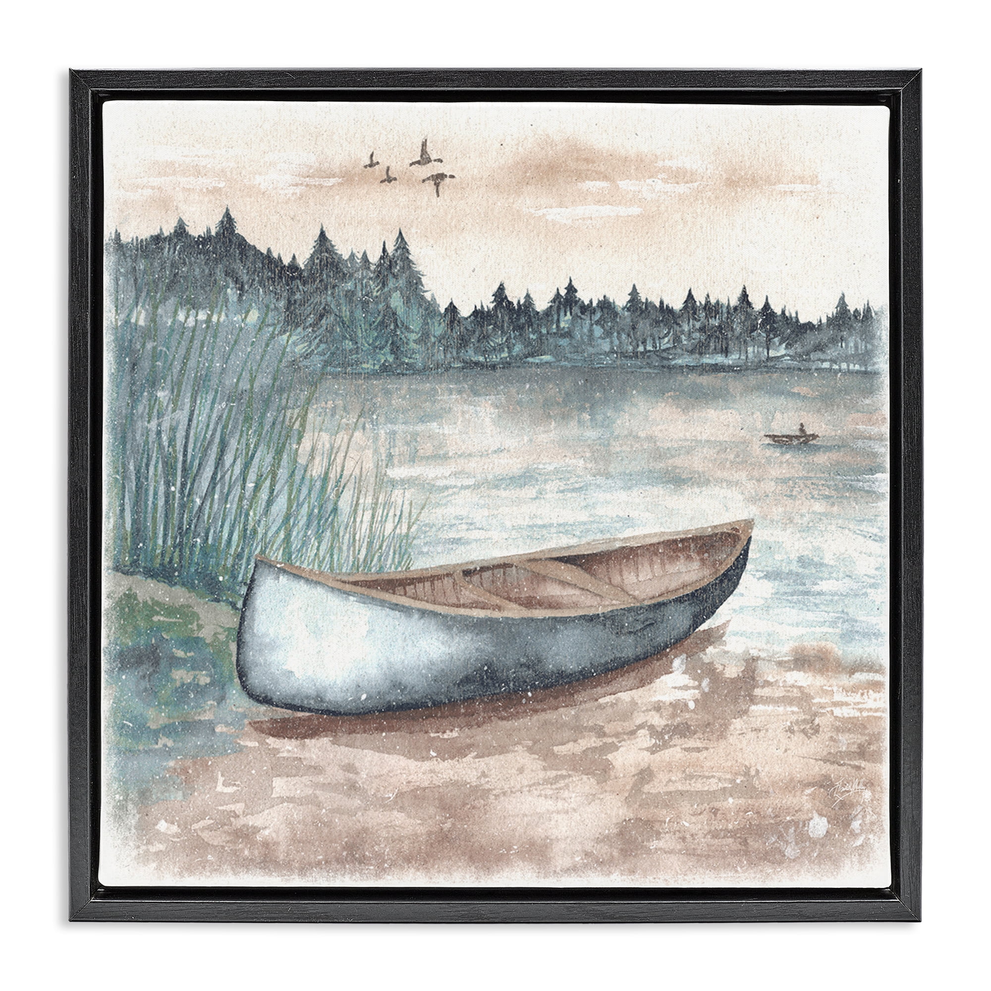 Stupell Industries Canoe on Lake Shore Landscape Painting Black Floater Framed Canvas Art Print Wall Art, 25 x 25