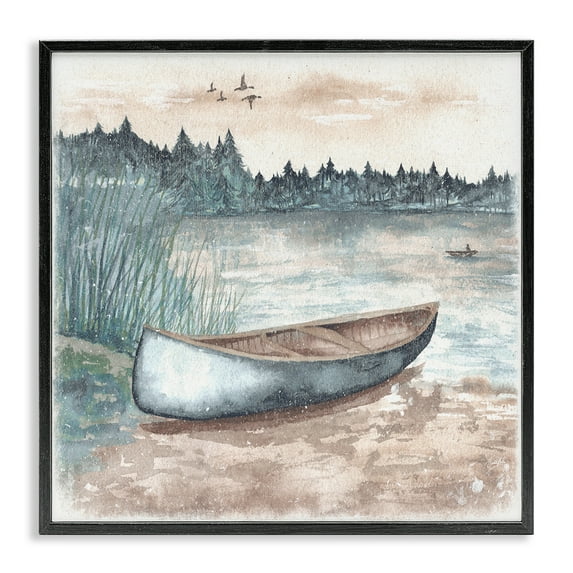 Stupell Industries Canoe on Lake Shore Landscape Painting Black Framed Art Print Wall Art, 12 x 12