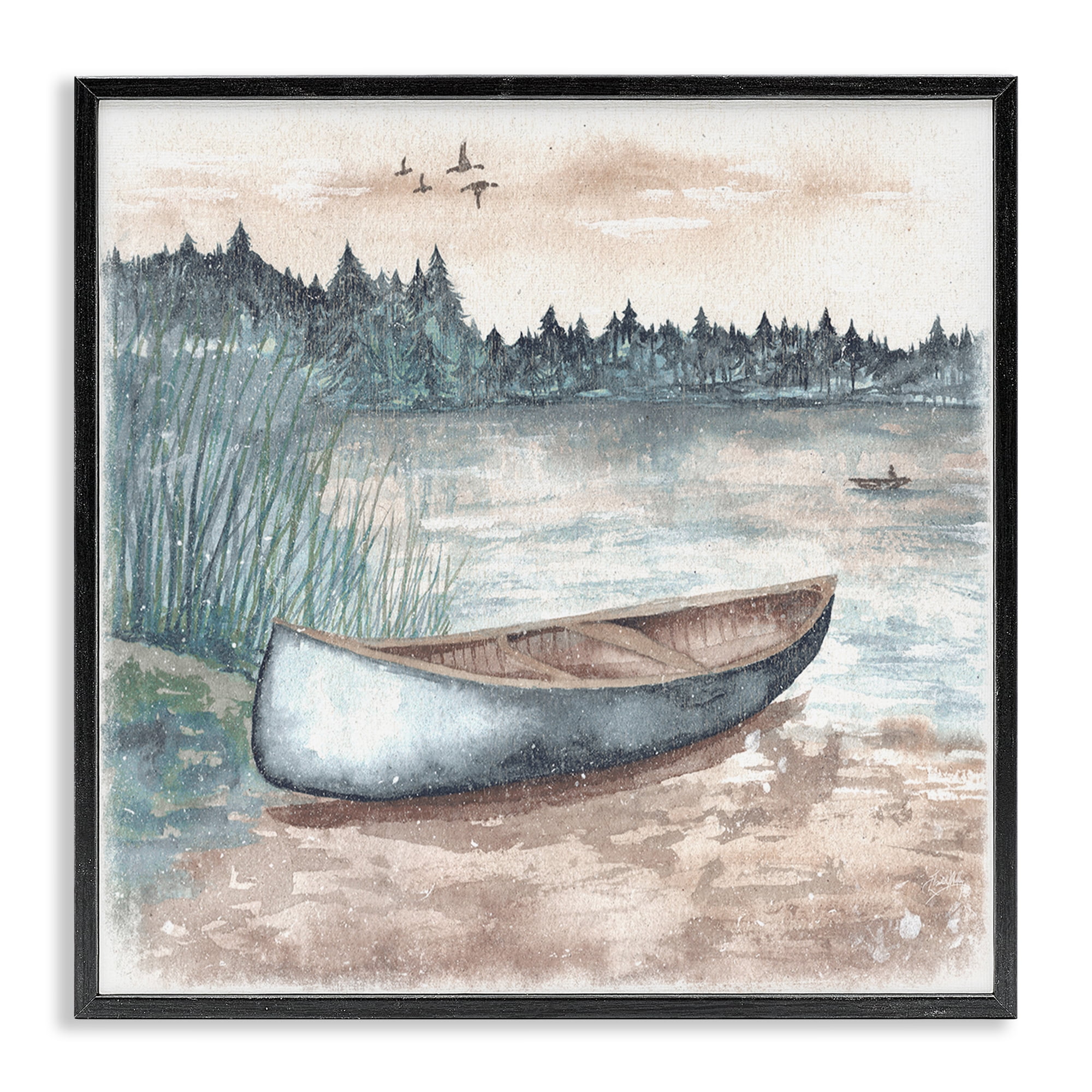 Stupell Industries Canoe on Lake Shore Landscape Painting Black Framed Art Print Wall Art, 24 x 24