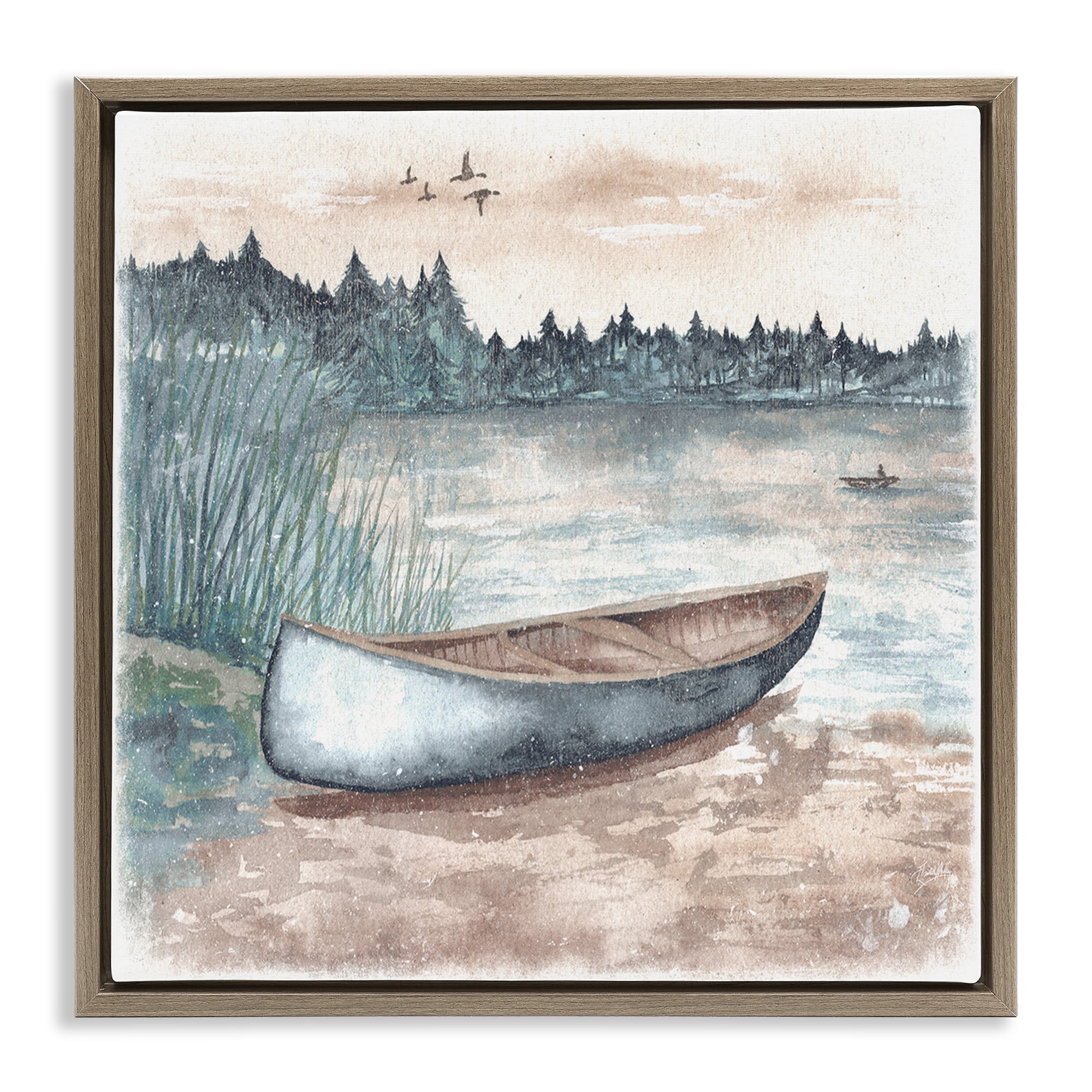 Stupell Industries Canoe on Lake Shore Landscape Painting Brown Floater Framed Canvas Art Print Wall Art, 18 x 18