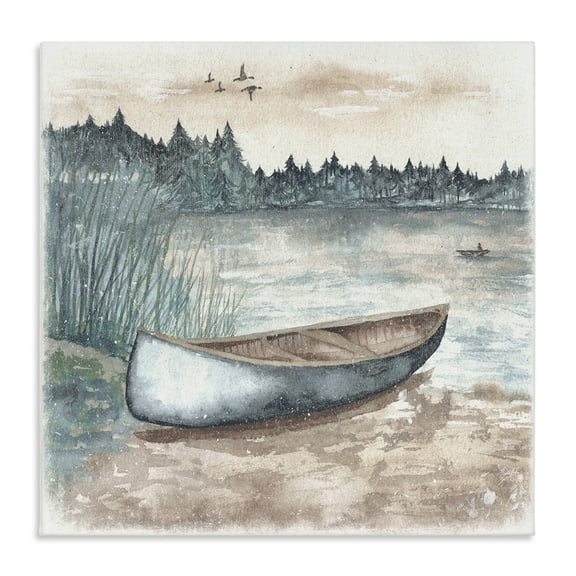 Stupell Industries Canoe on Lake Shore Landscape Painting Gallery Wrapped Canvas Art Print Wall Art, 17 x 17