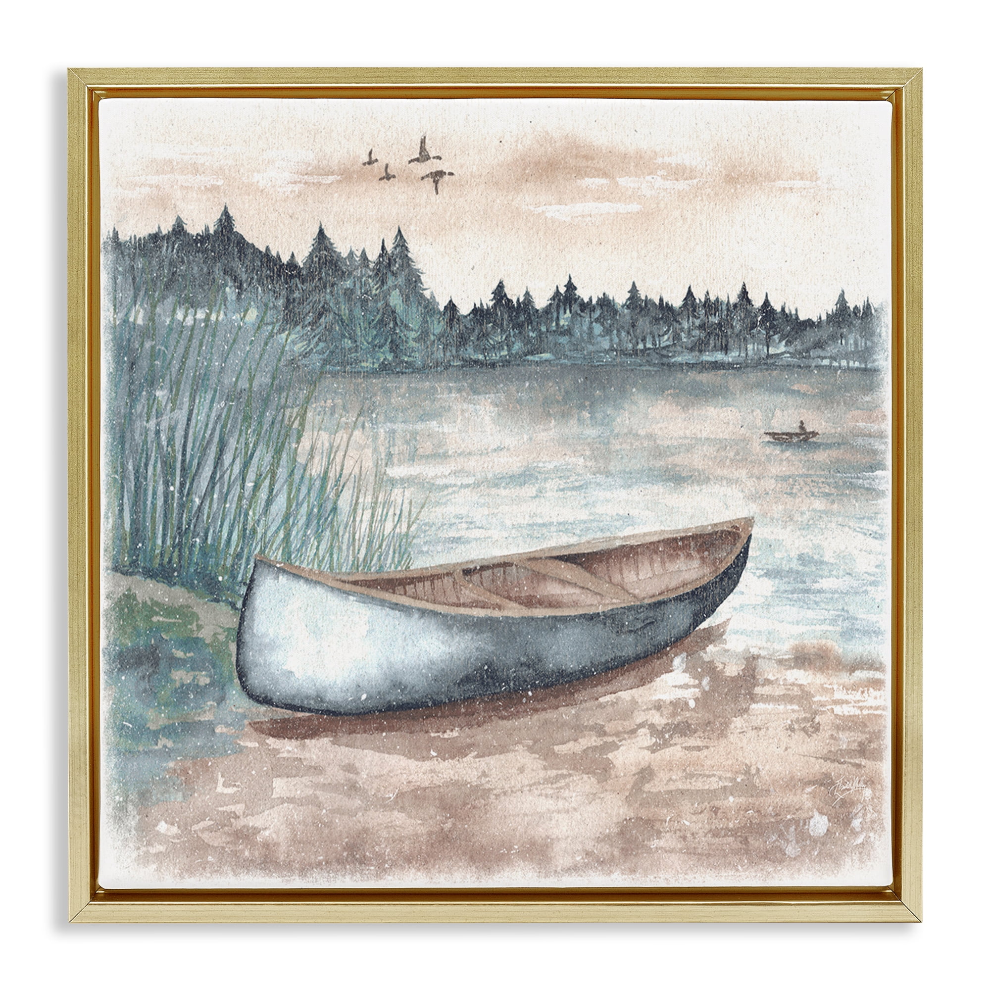 Stupell Industries Canoe on Lake Shore Landscape Painting Gold Floater Framed Canvas Art Print Wall Art, 18 x 18