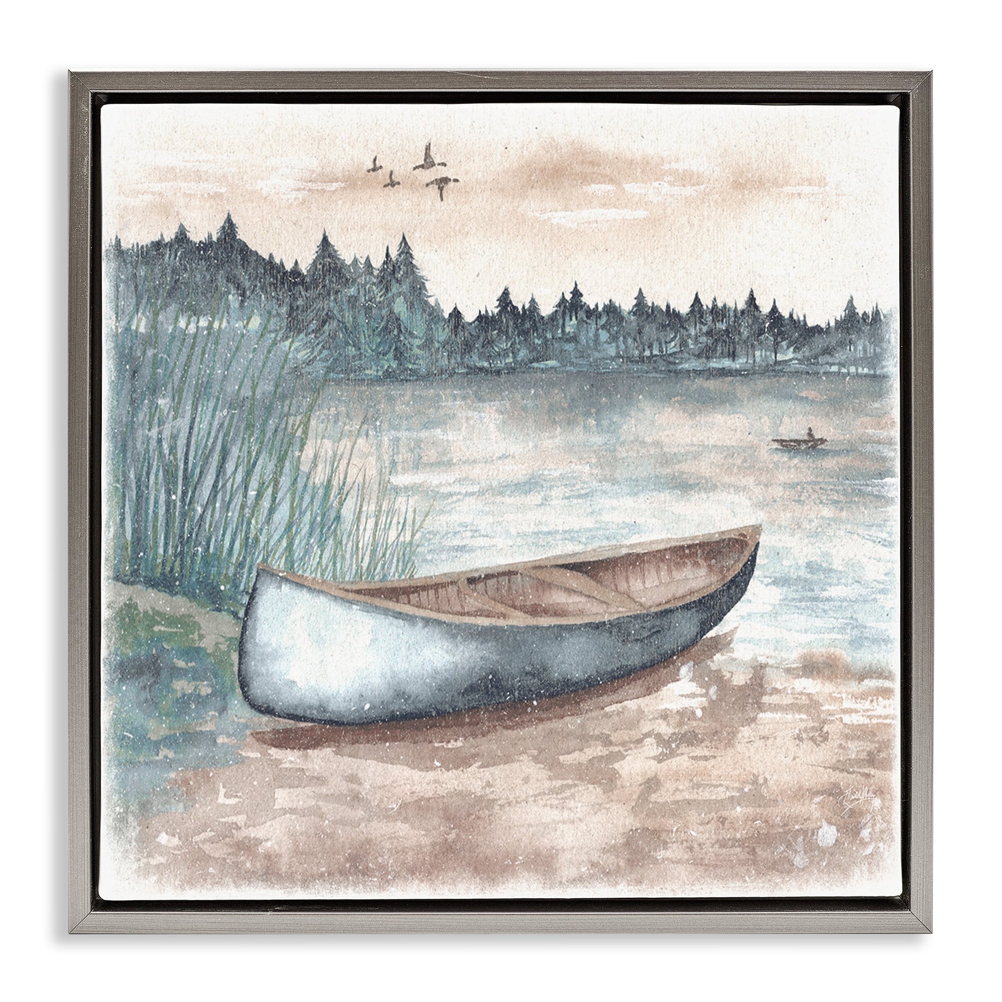Stupell Industries Canoe on Lake Shore Landscape Painting Gray Floater Framed Canvas Art Print Wall Art, 18 x 18