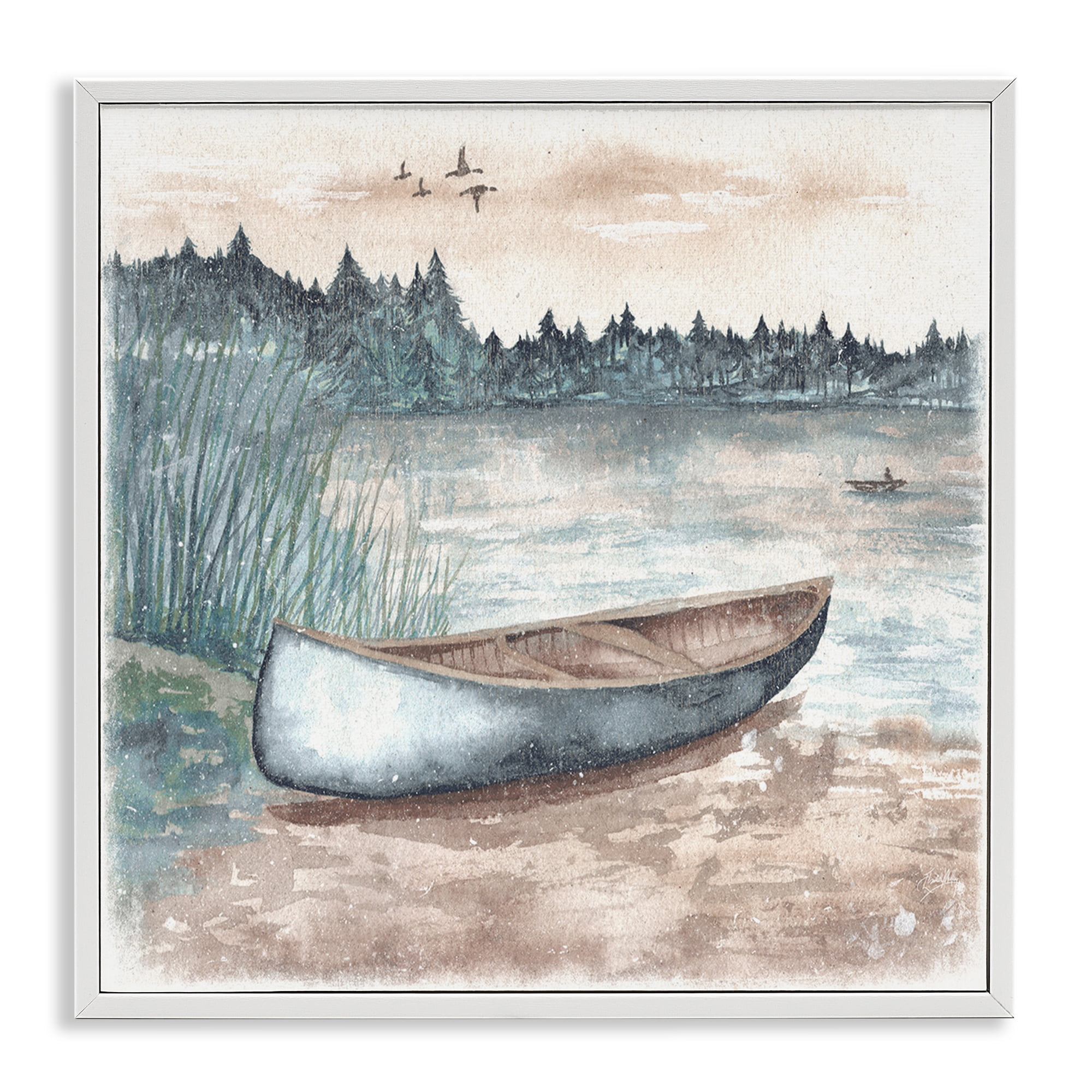 Stupell Industries Canoe on Lake Shore Landscape Painting White Framed Art Print Wall Art, 12 x 12