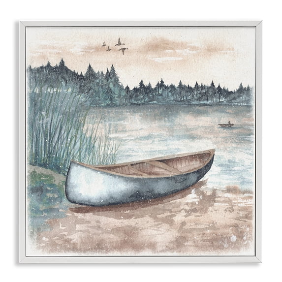 Stupell Industries Canoe on Lake Shore Landscape Painting White Framed Art Print Wall Art, 24 x 24