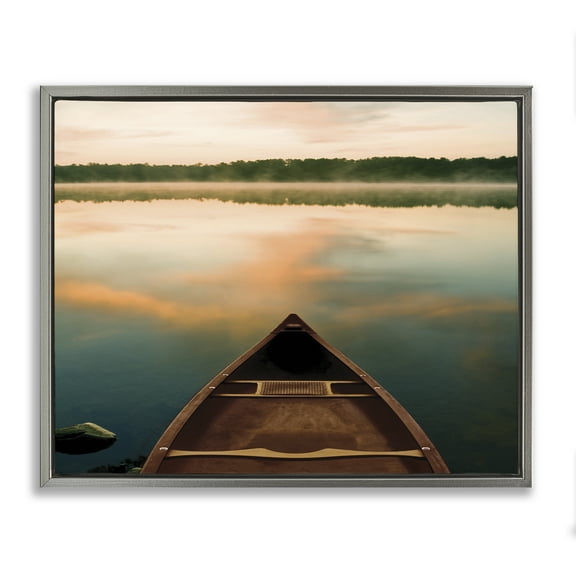 Canoe on Lake Warm Sunrise Gray Floating Frame Canvas Art, 21 x 17, Made In USA