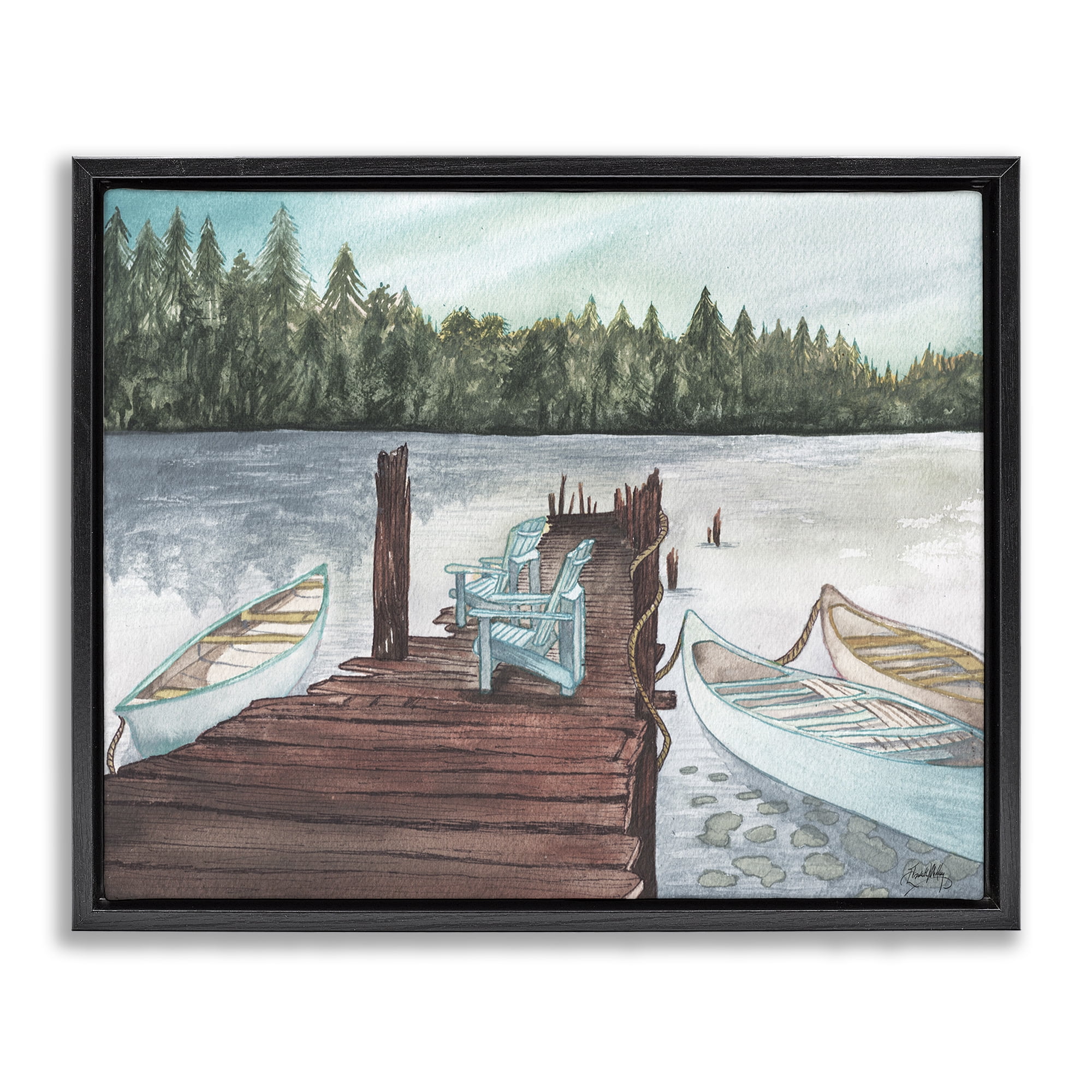 Stupell Industries Canoes at Lake Dock Landscape Painting Black Floater Framed Canvas Art Print Wall Art, 21 x 17