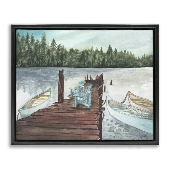 Stupell Industries Canoes at Lake Dock Landscape Painting Black Floater Framed Canvas Art Print Wall Art, 31 x 25