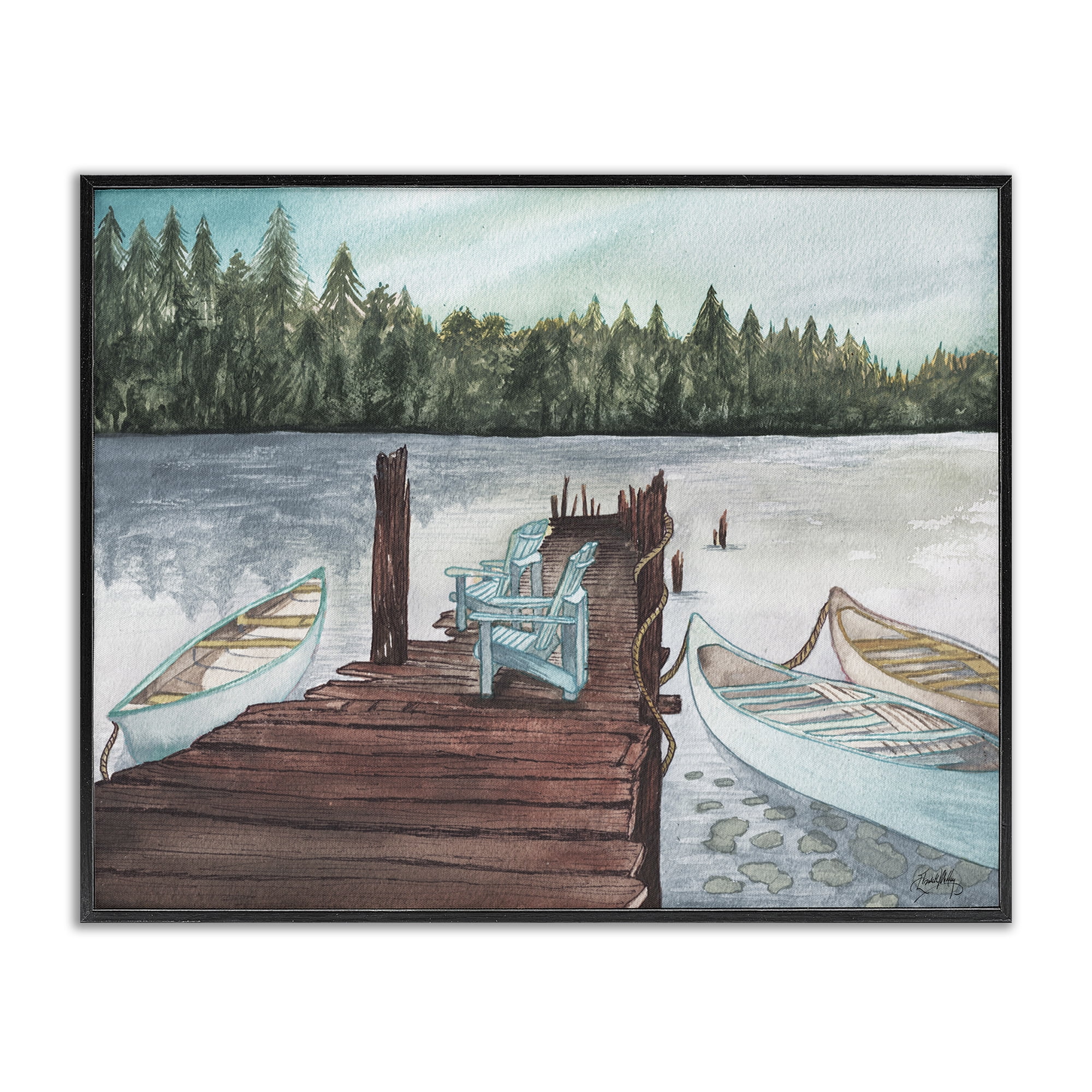 Stupell Industries Canoes at Lake Dock Landscape Painting Black Framed Art Print Wall Art, 20 x 16