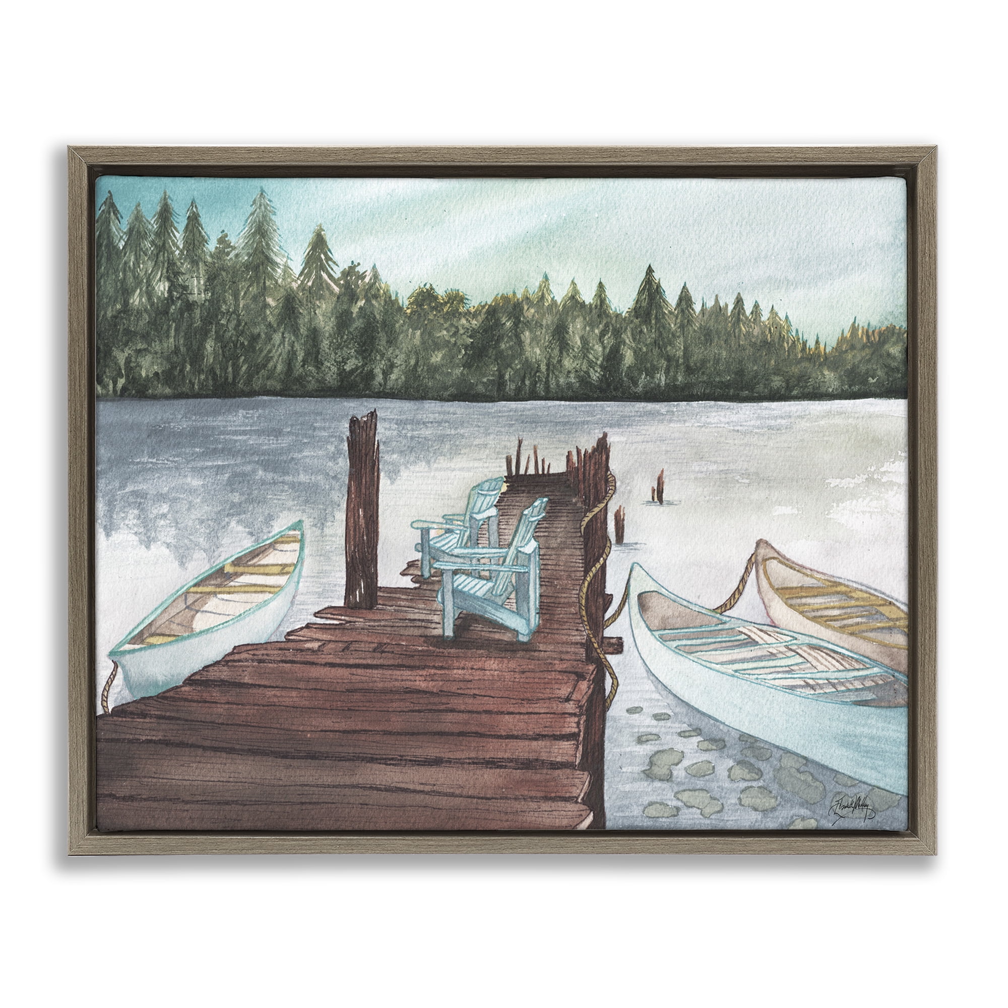 Stupell Industries Canoes at Lake Dock Landscape Painting Brown Floater Framed Canvas Art Print Wall Art, 31 x 25