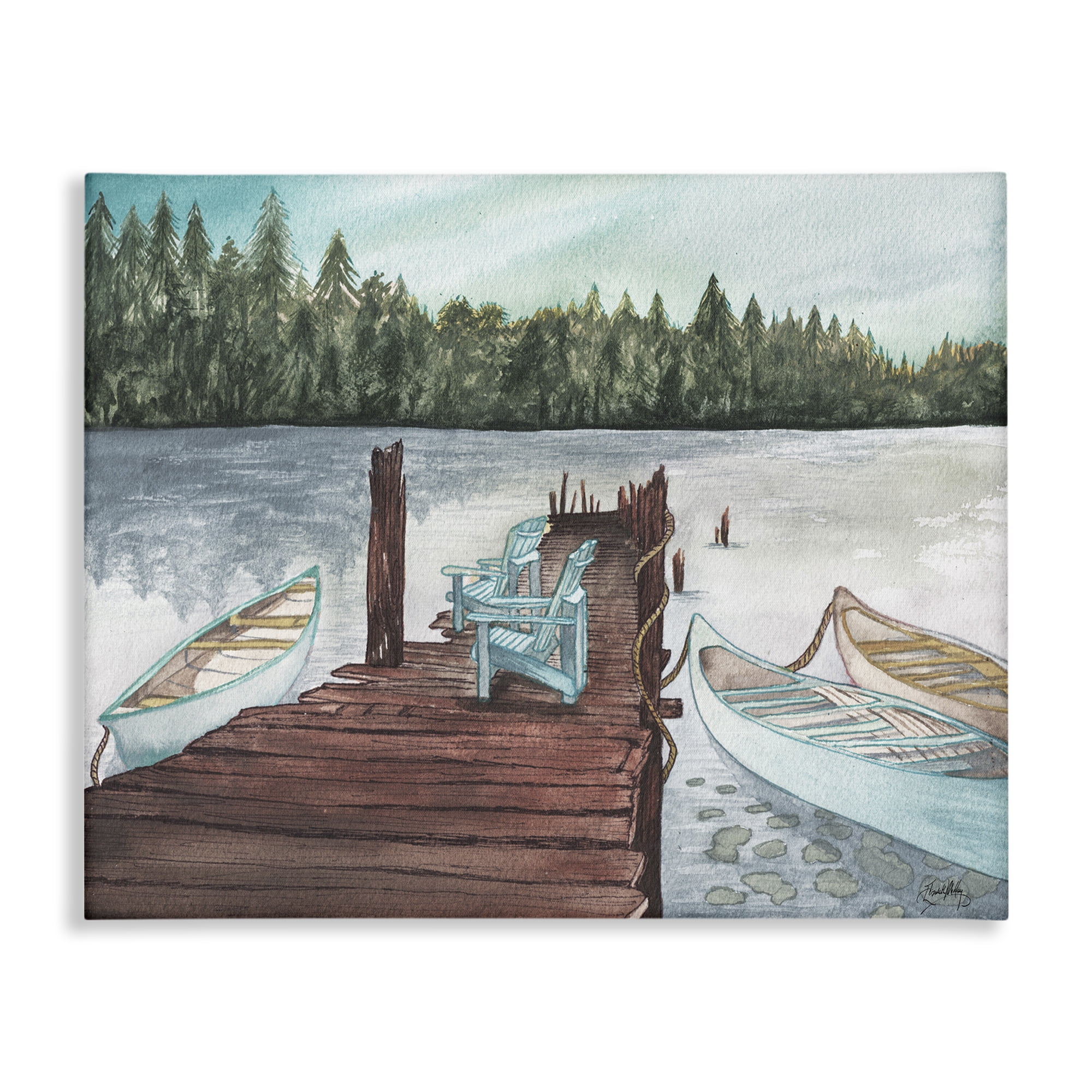 Stupell Industries Canoes at Lake Dock Landscape Painting Gallery Wrapped Canvas Art Print Wall Art, 40 x 30