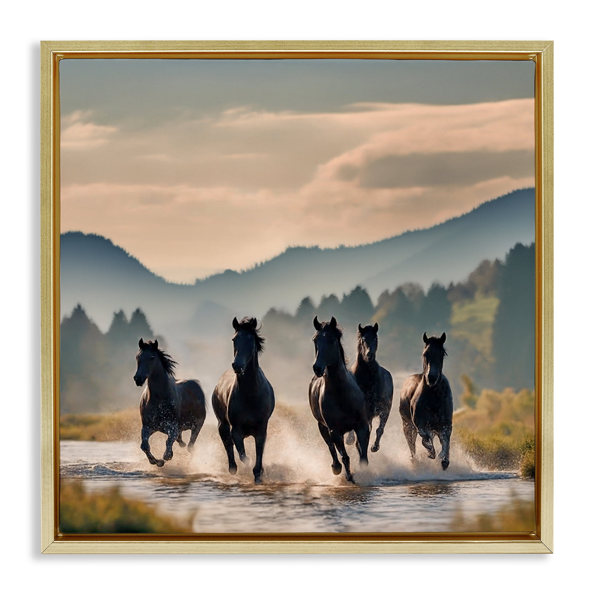 Stupell Industries Canyon Stallions Trotting Animals Painting Gold Floater Framed Canvas Art Print Wall Art, 18 x 18
